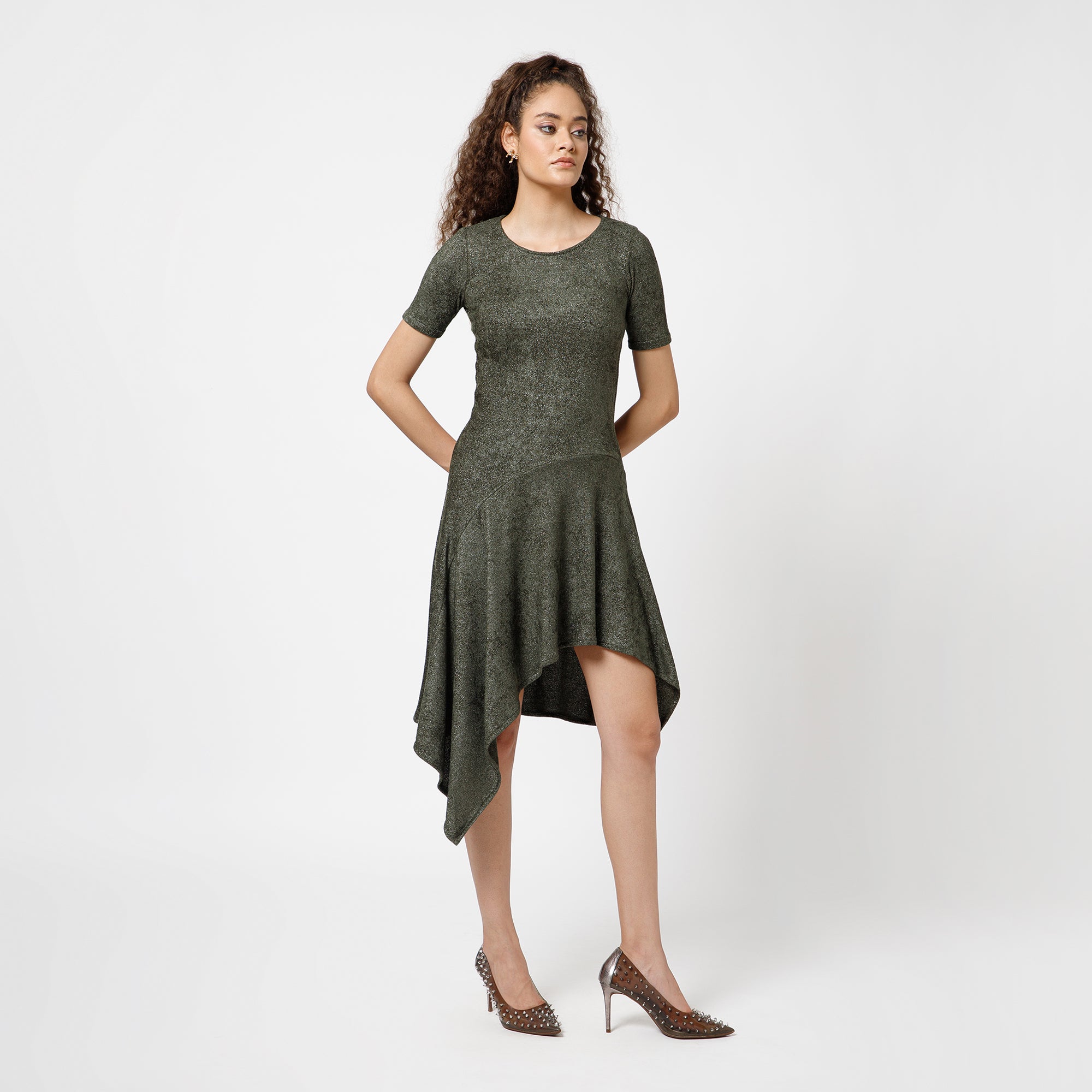 Green Asymmetrical Velvet  Dress