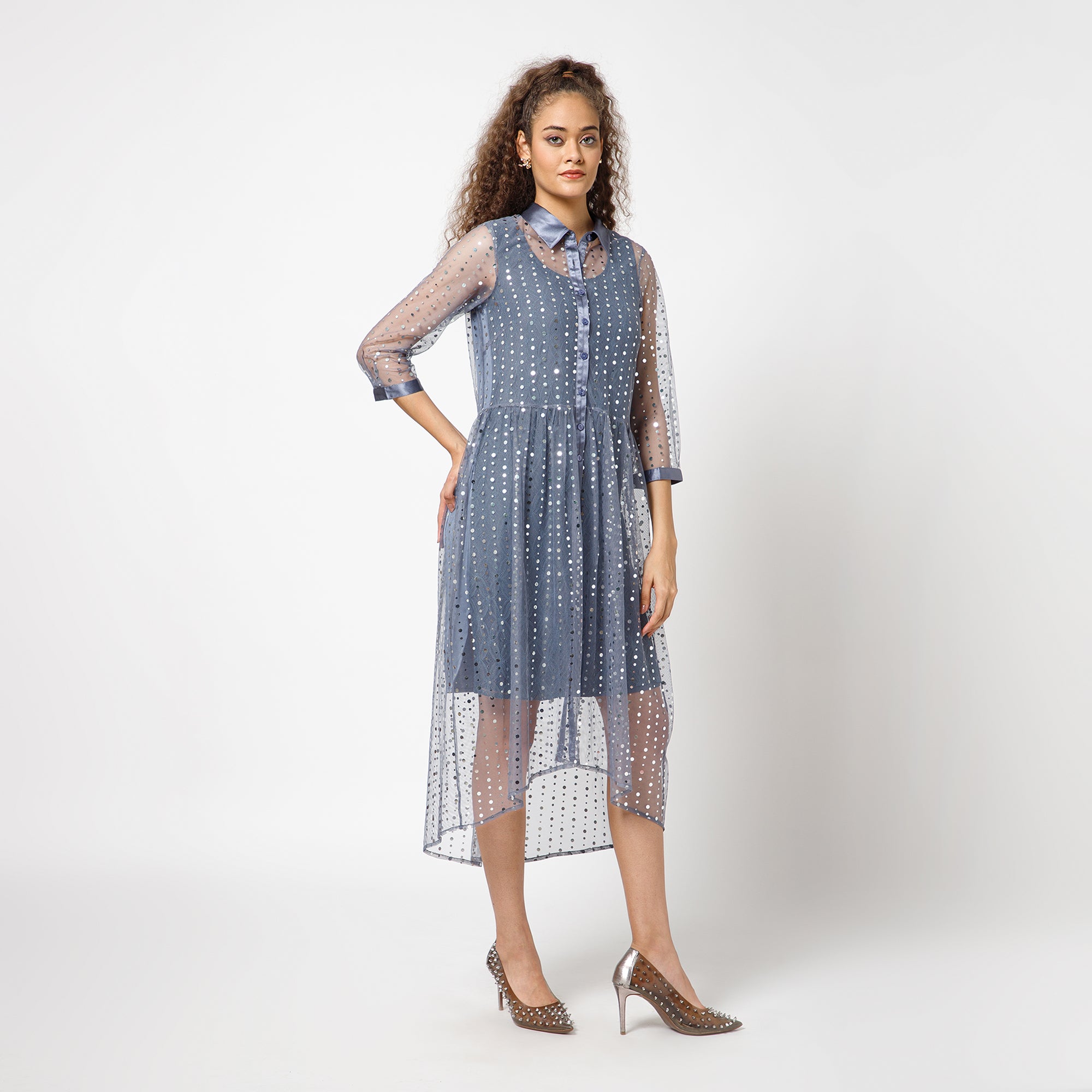 Stone Blue Tunic With Mirror Sequence
