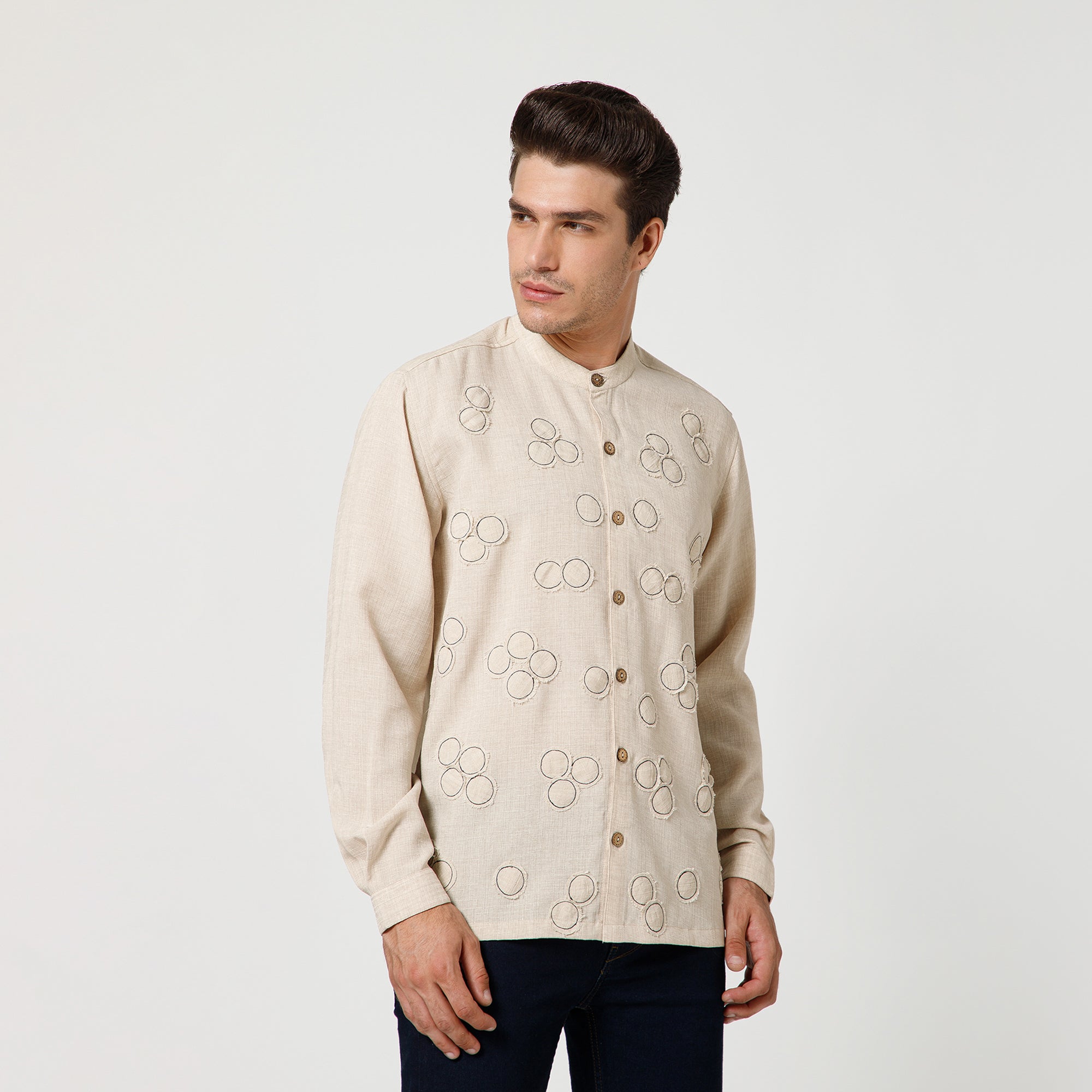 Off White Cotton Slub Linen Textured Shirt With Mandarin Collar And Patch Detailing
