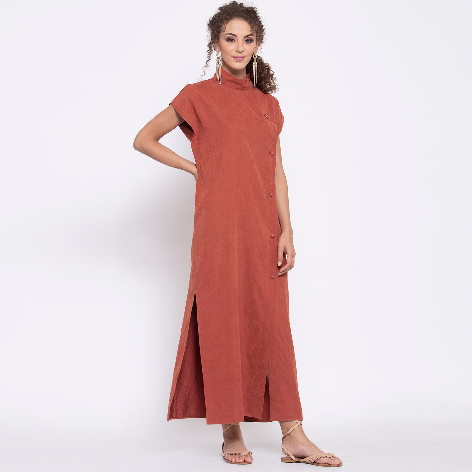 Deep Rust Long Dress With Buttons