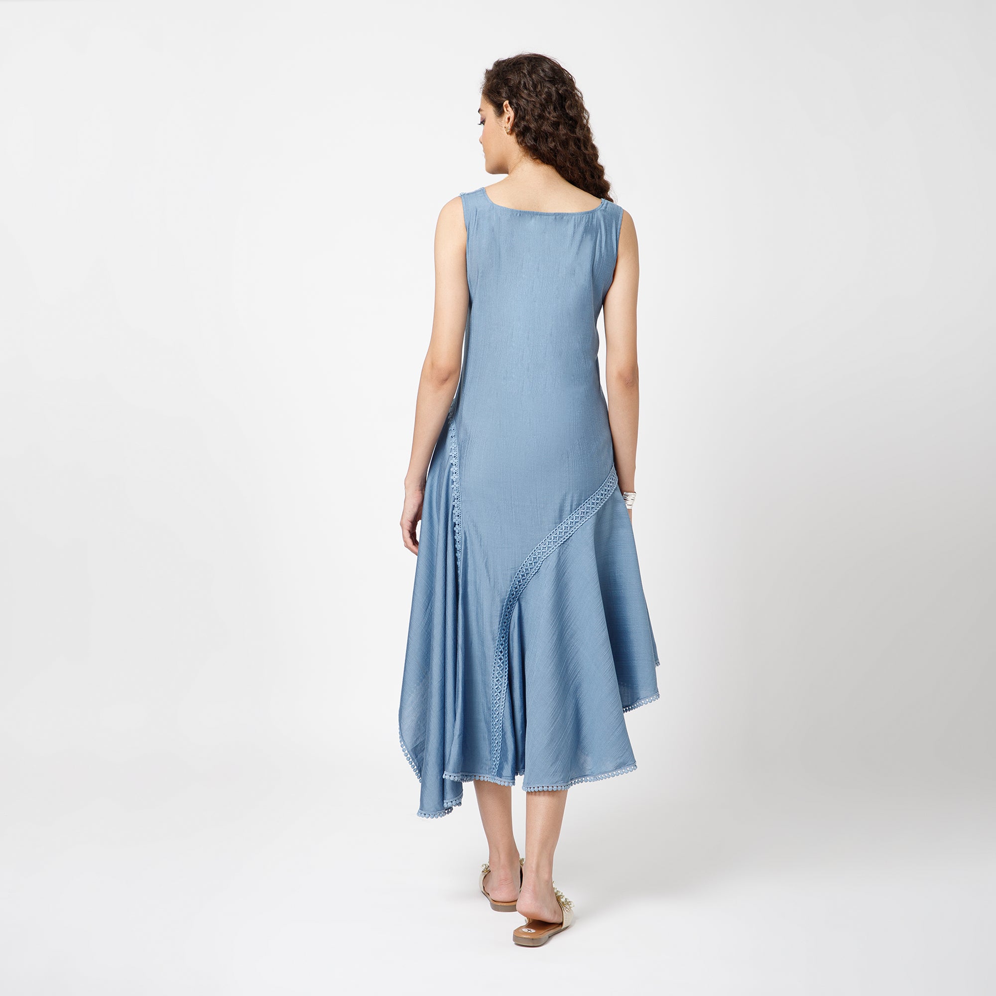 Blue Square Neck Dress With Lace