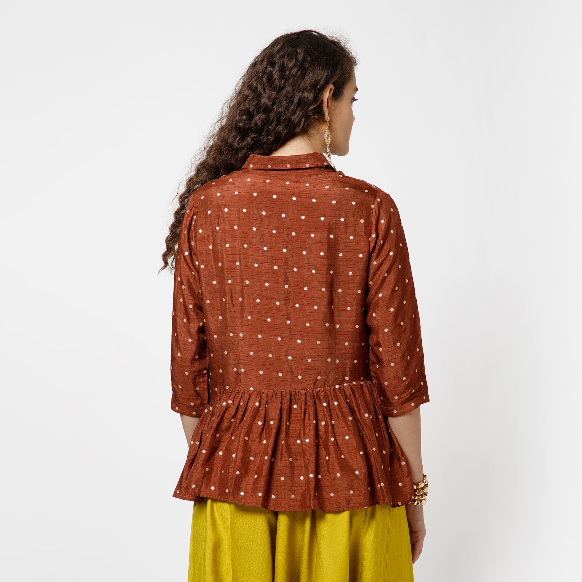 Brown Brocade Asymmetrical Peplum Top