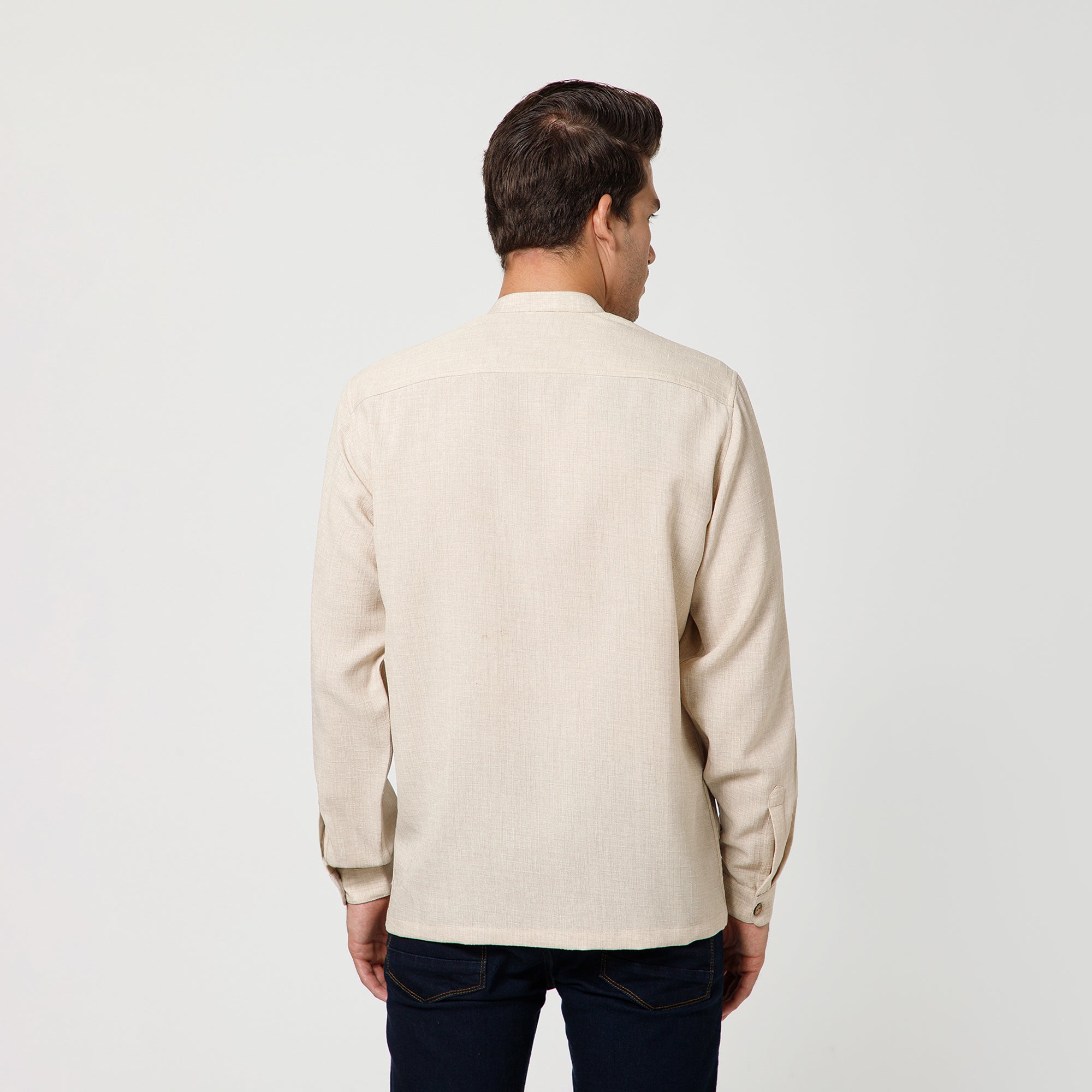 Off White Cotton Slub Linen Textured Shirt With Mandarin Collar And Patch Detailing