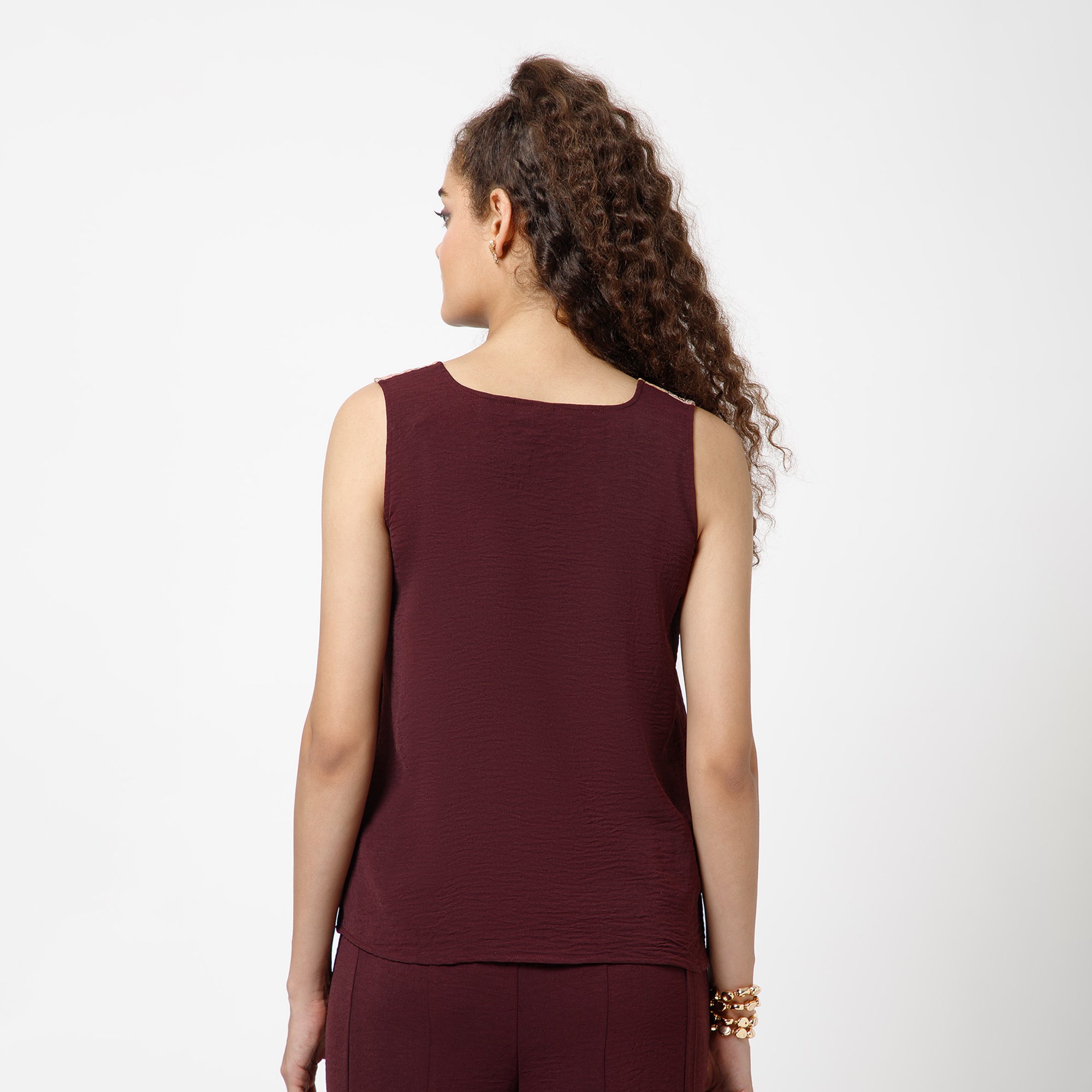 Green Crepe Top With Patch Embroidery