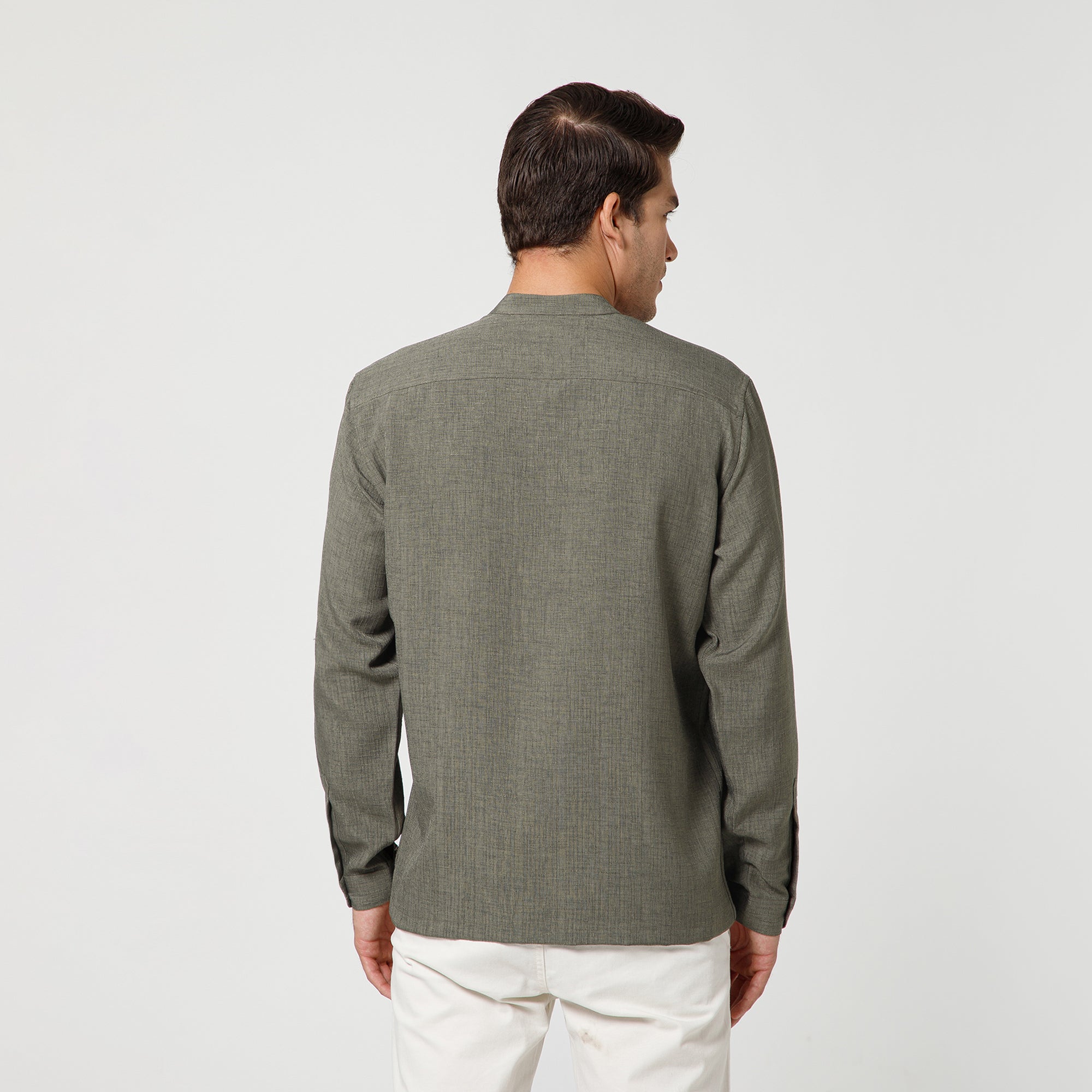Brown Cotton Slub Linen Textured Shirt With Mandarin Collar And Patch Detailing