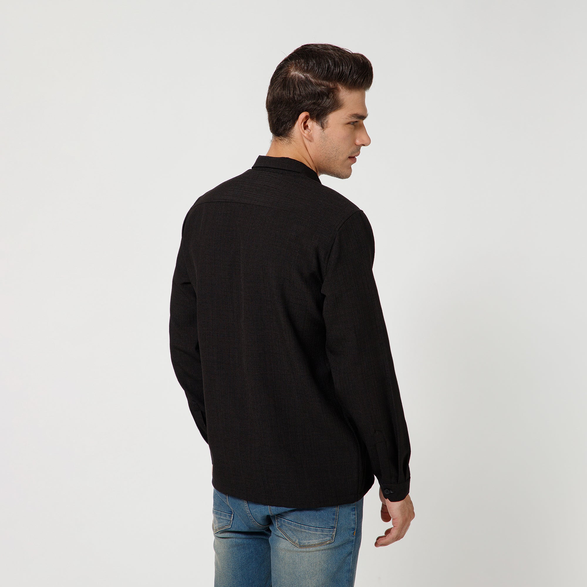 Black Cotton Slub Linen Textured Shirt With Flower Patches