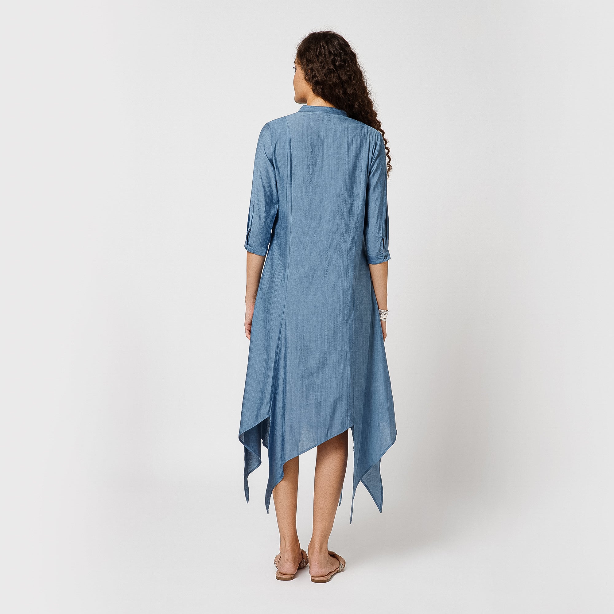 Blue Triangle Dress With Button Embroidery