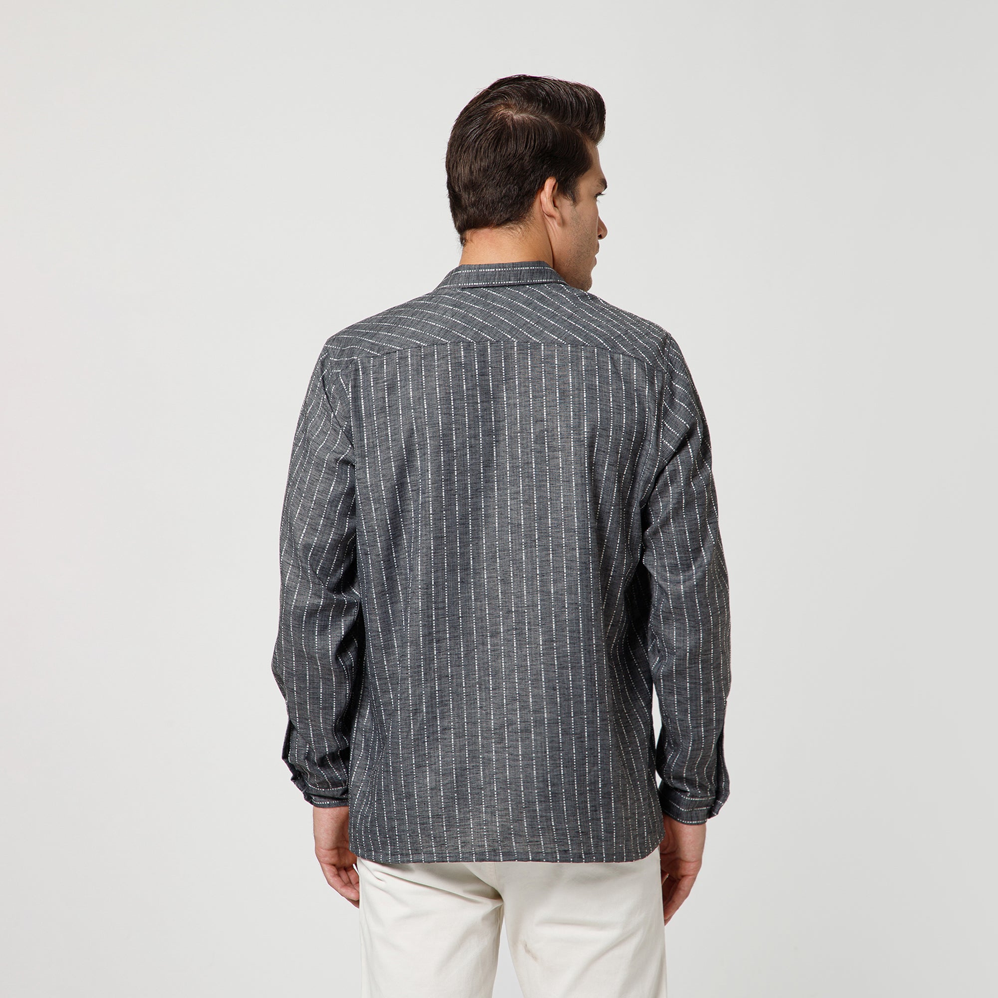 Grey Light Denim Line Shirt With Full Sleeve