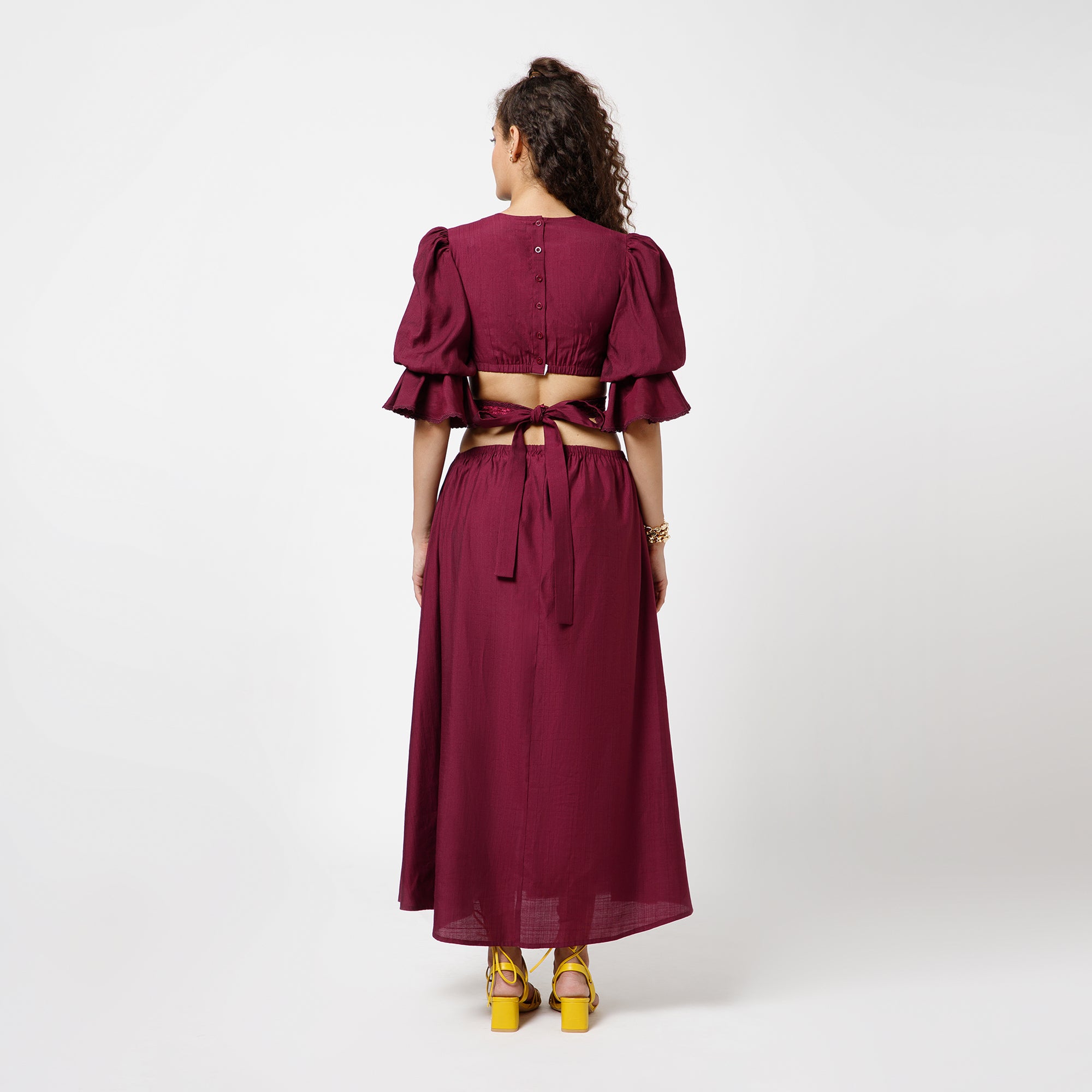 Prune Dress With Lace Yoke & Tie Belt
