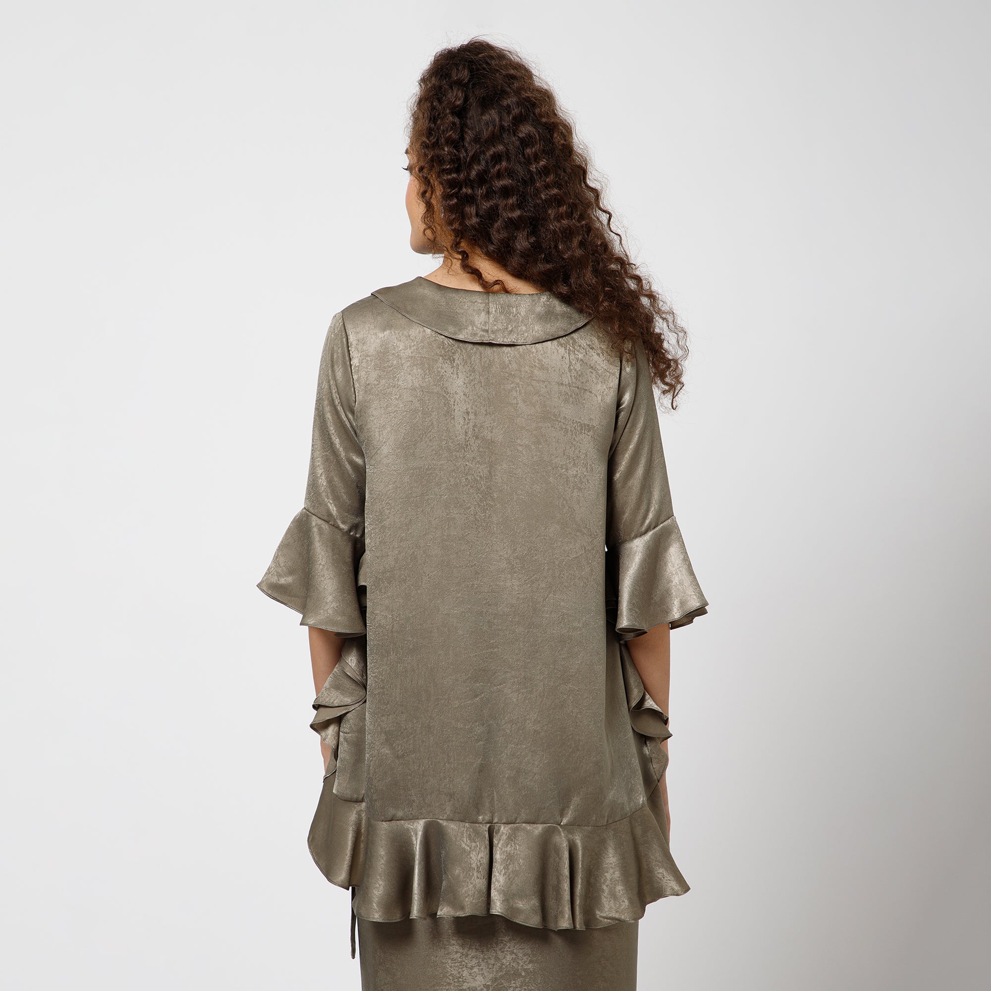 Olive Satin Asymetrical Frill Top