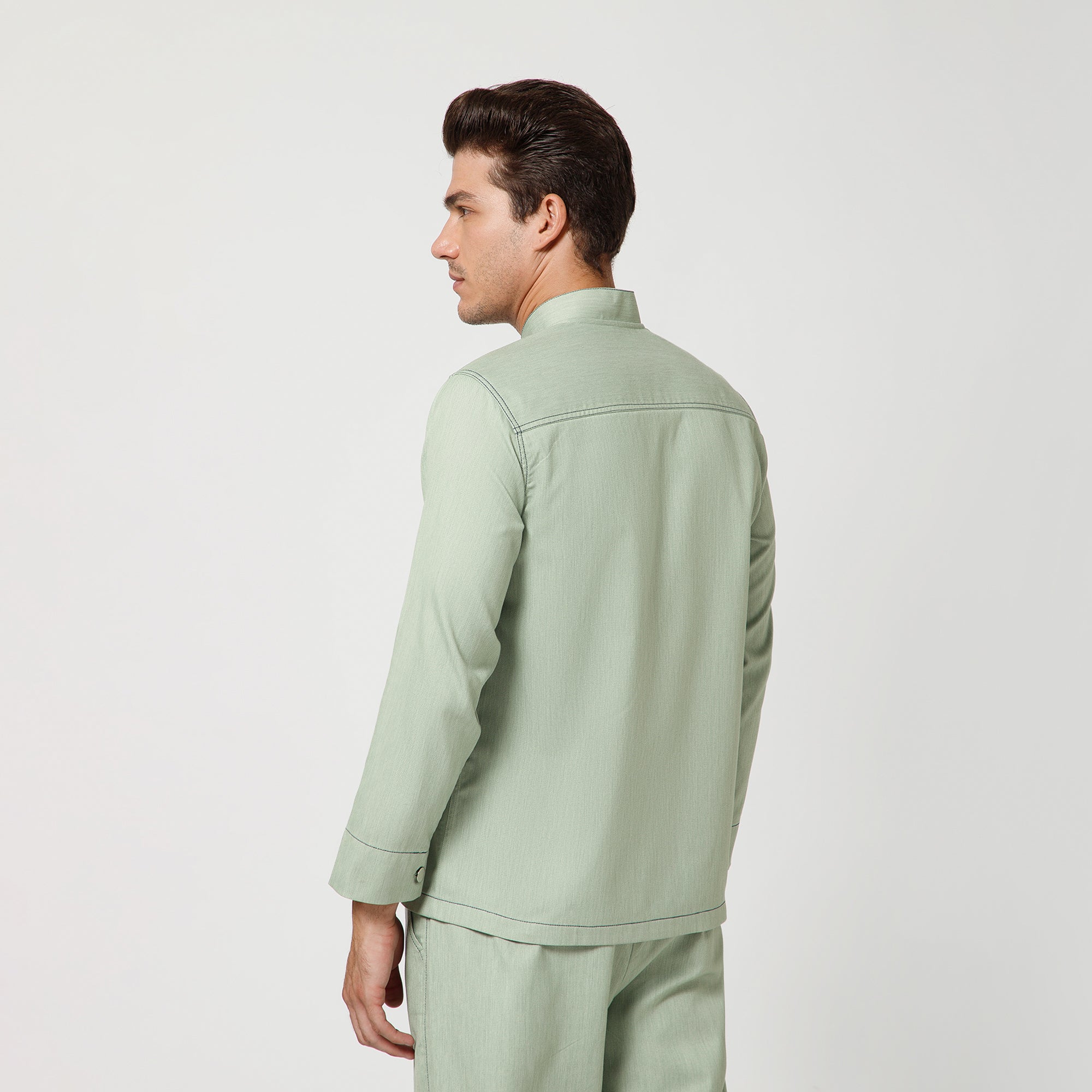 Green Denim Jacket With Blue Top Stitch And Blue Fly