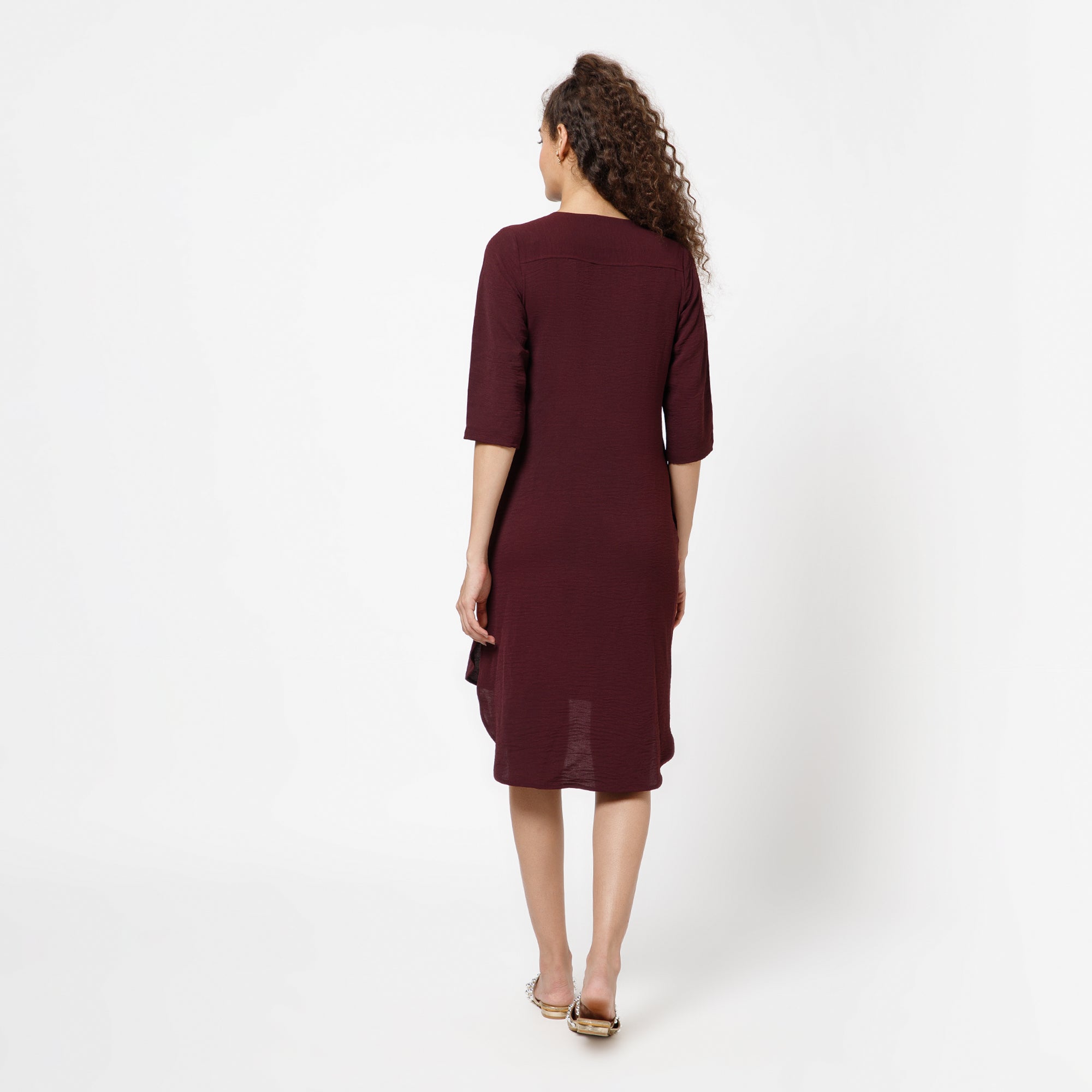 Prune Crepe Dress With Patch Embroidery