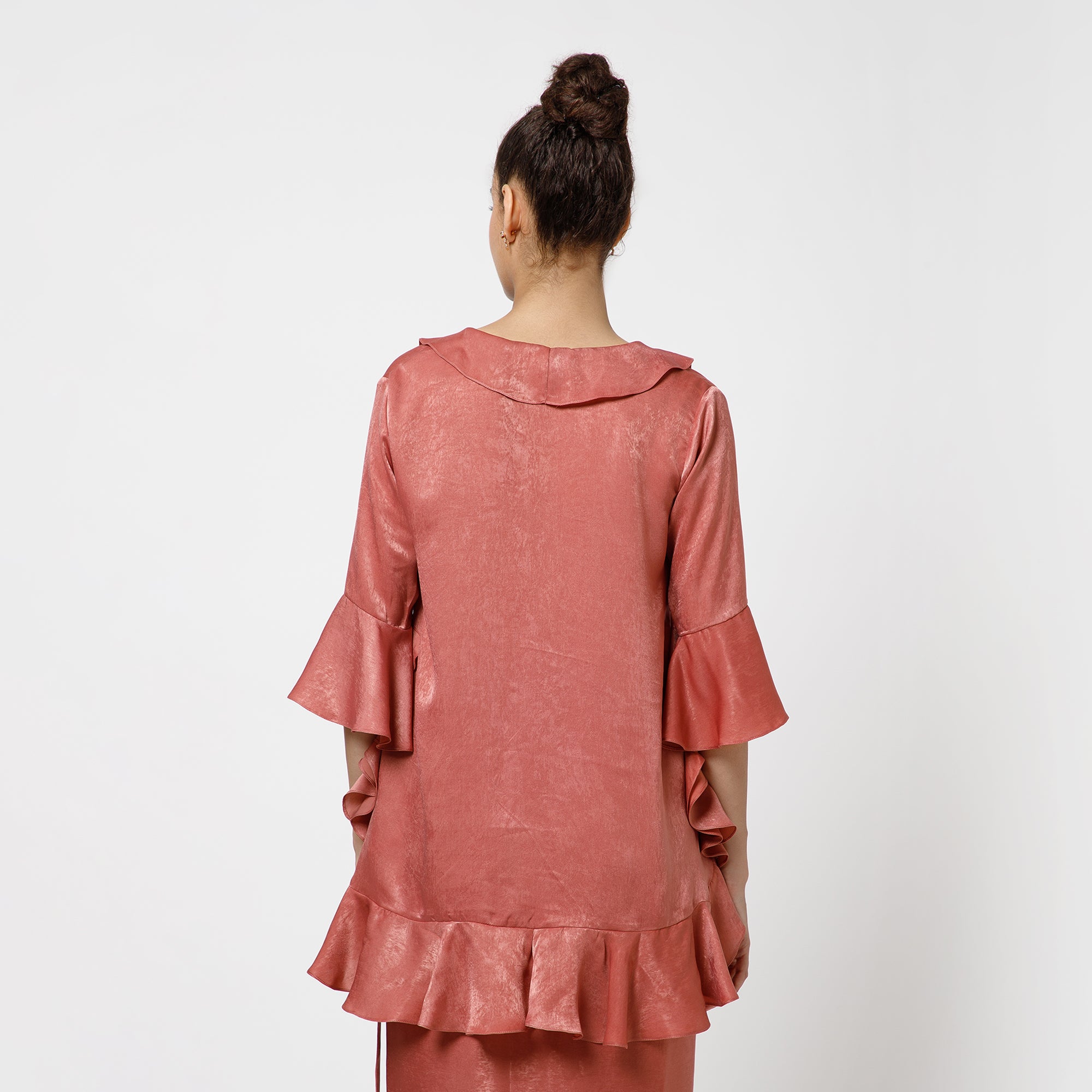 Peach Satin Asymetrical Frill Top