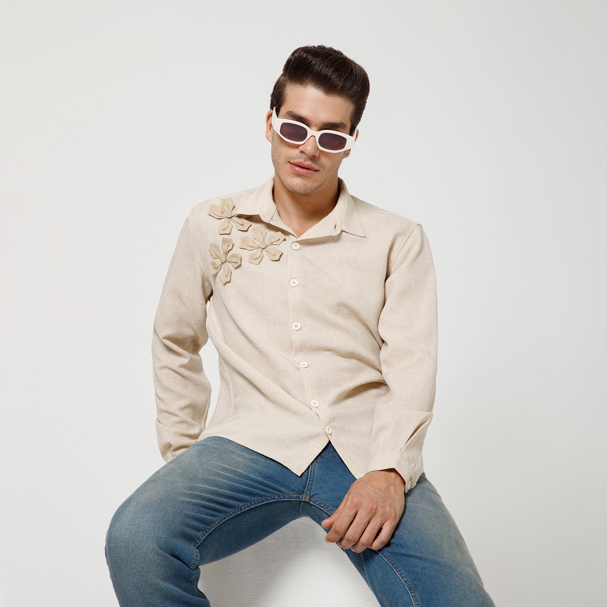 Off White Cotton Slub Linen Textured Shirt With Flower Patches