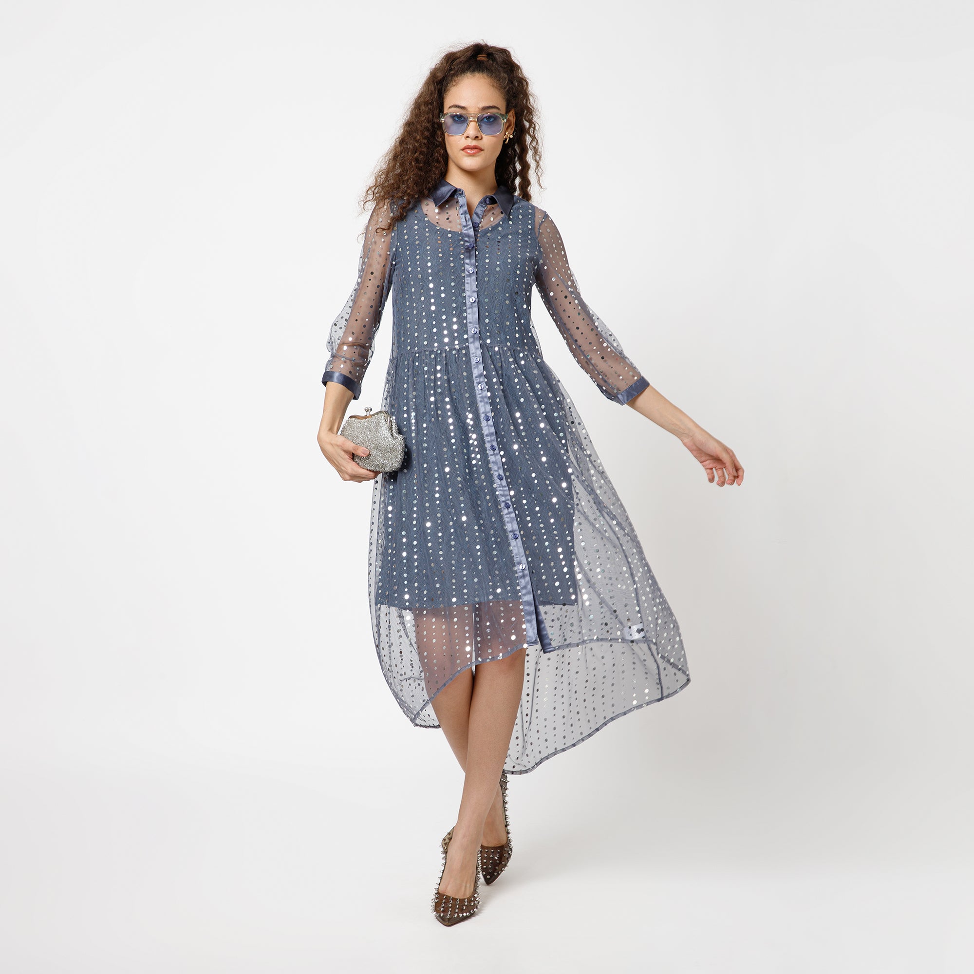Stone Blue Tunic With Mirror Sequence