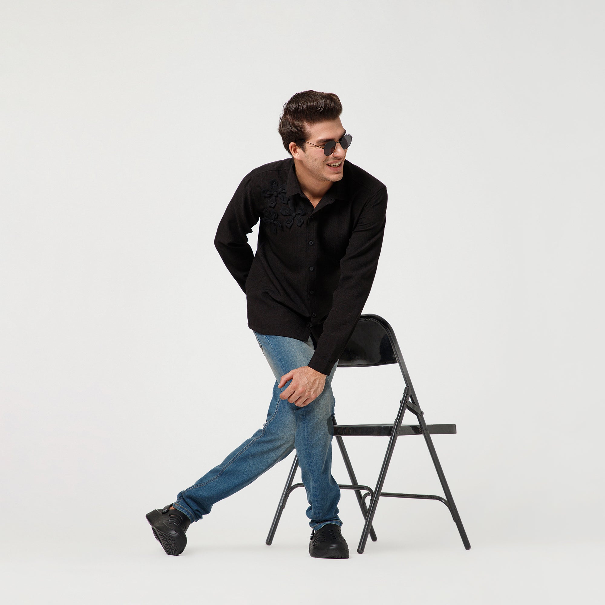 Black Cotton Slub Linen Textured Shirt With Flower Patches
