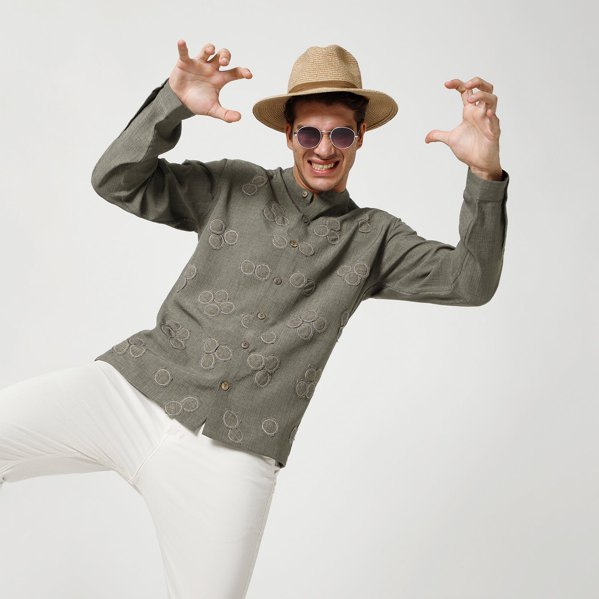 Brown Cotton Slub Linen Textured Shirt With Mandarin Collar And Patch Detailing