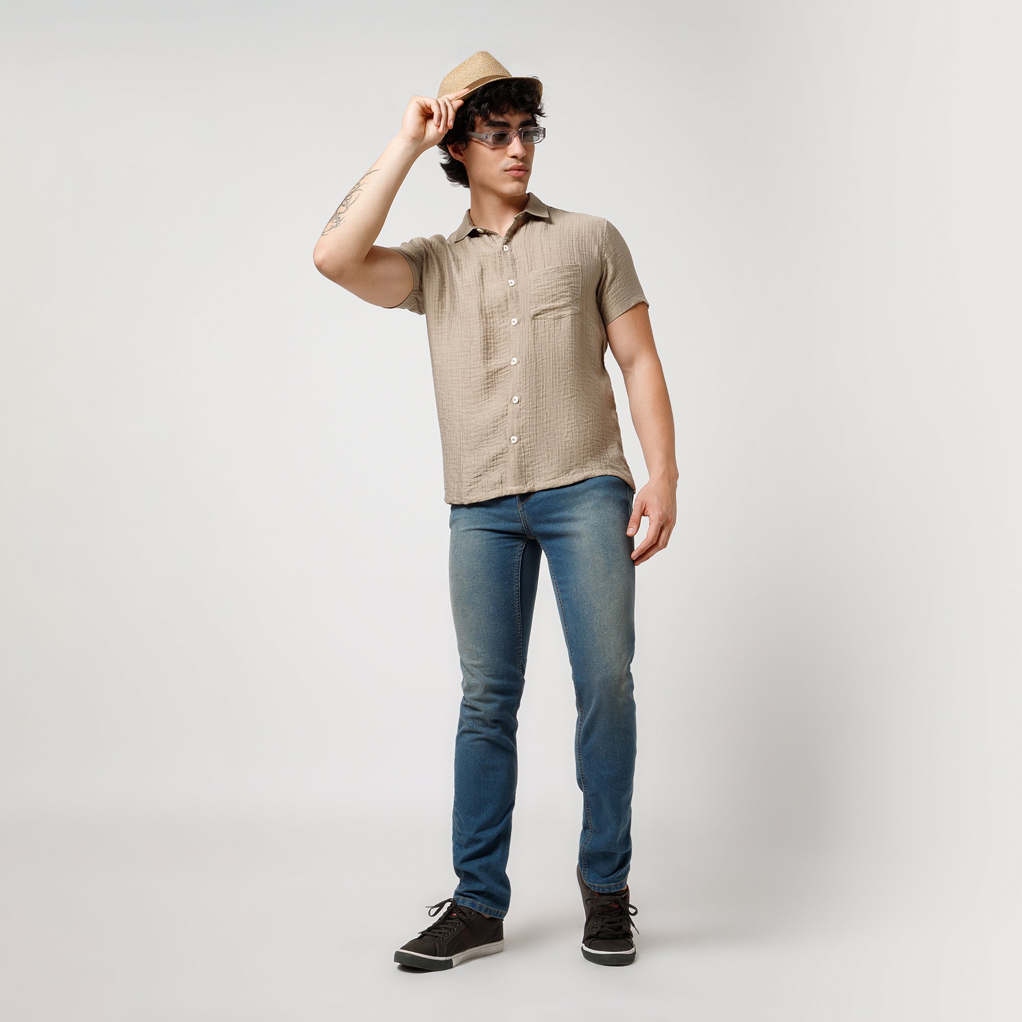 Beige Double Gauze Half Sleeves Shirt