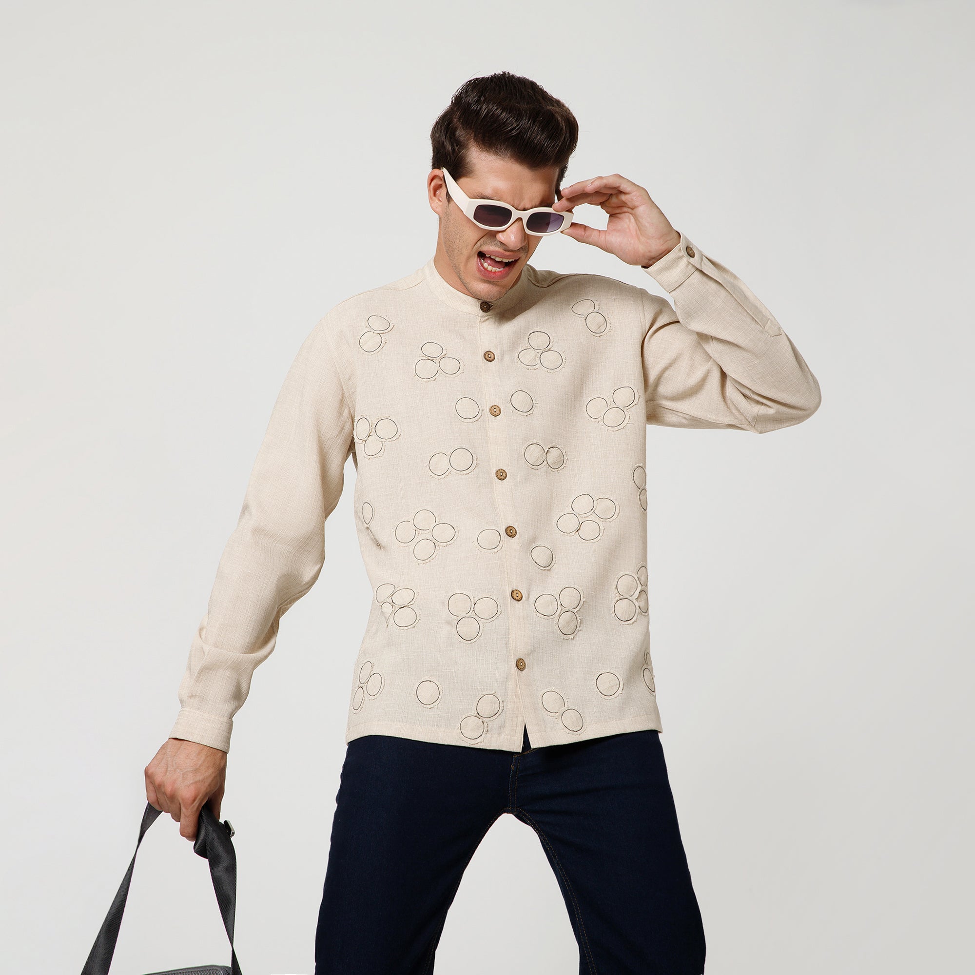 Off White Cotton Slub Linen Textured Shirt With Mandarin Collar And Patch Detailing