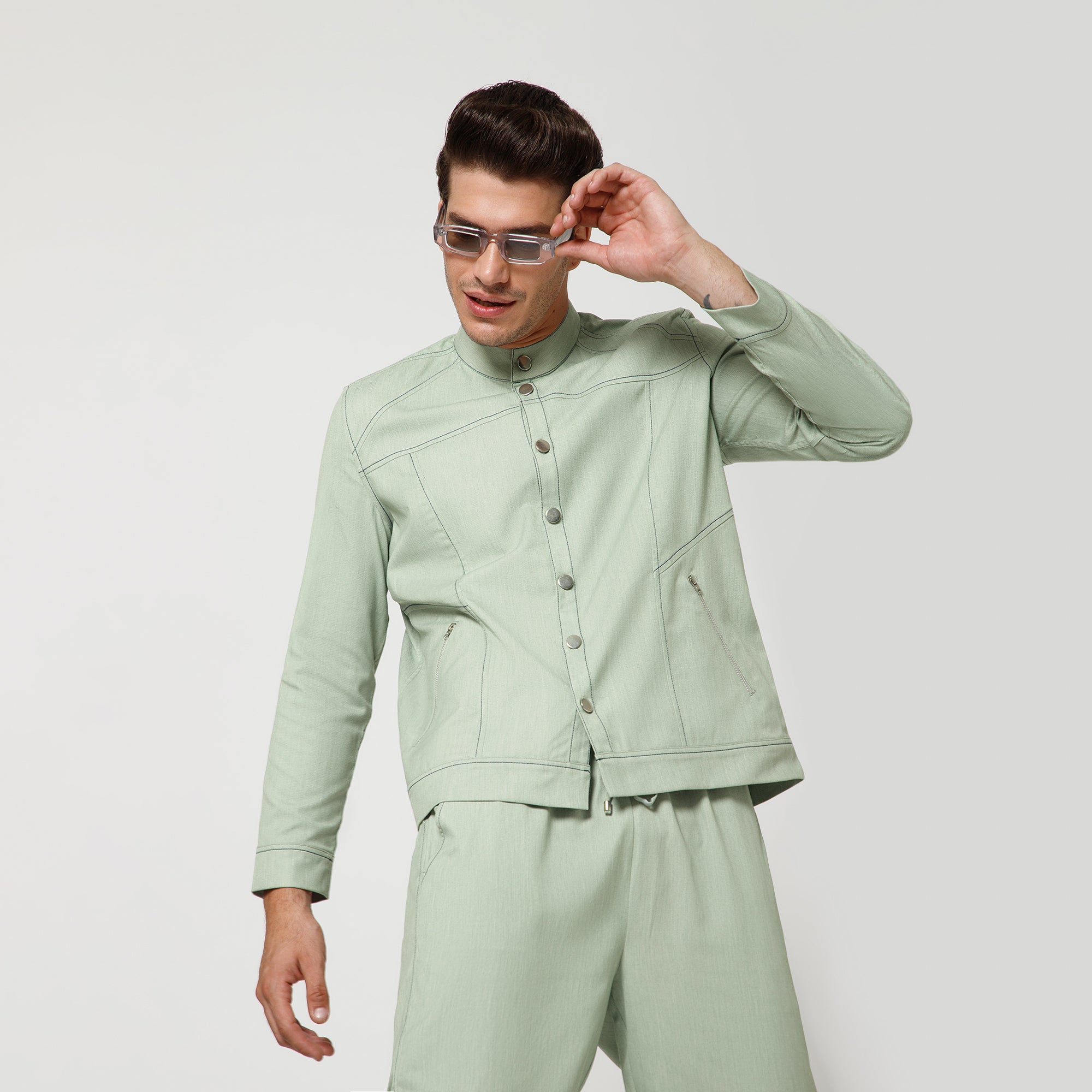 Green Denim Jacket With Silver Zip