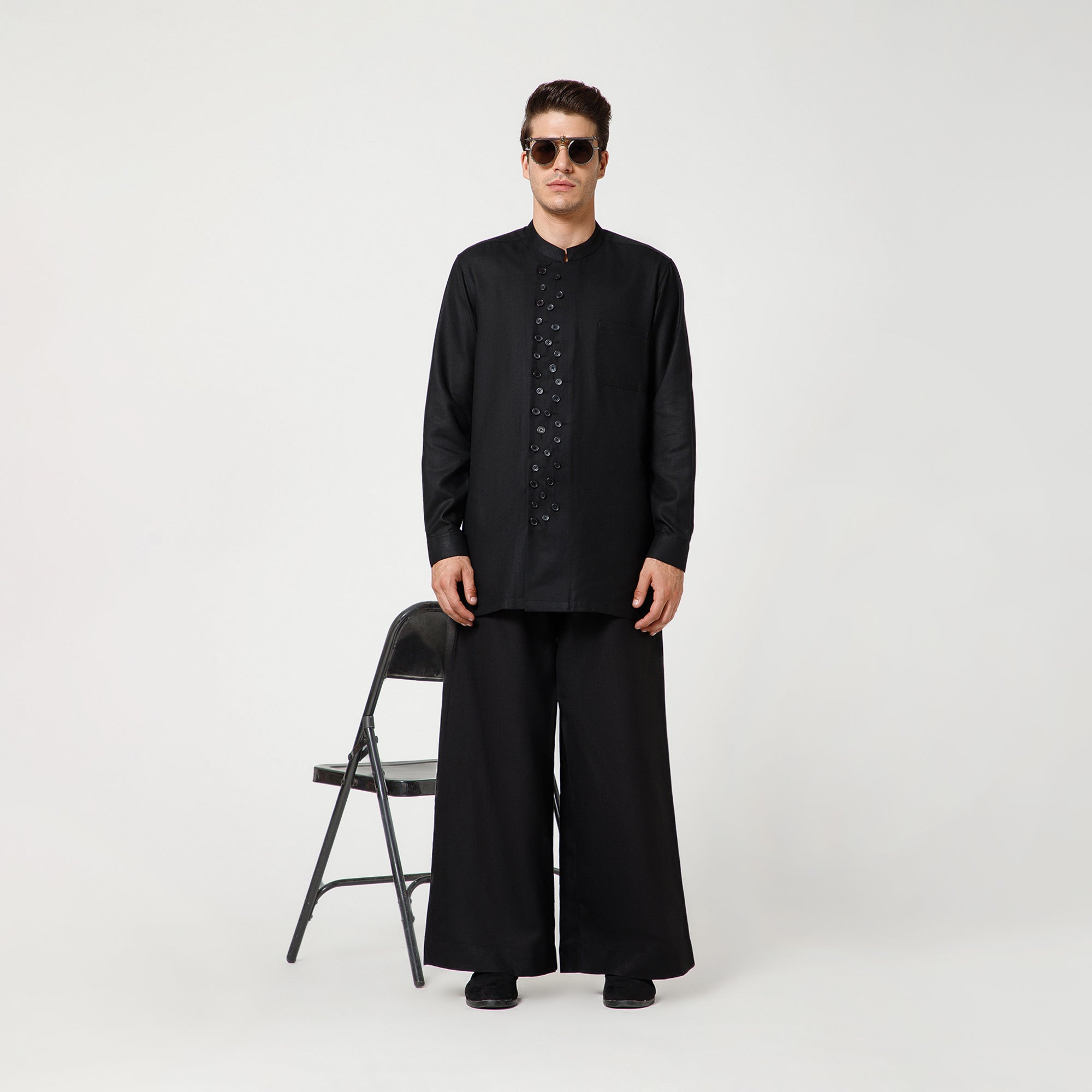 Black Cotton Jacket With Button Details