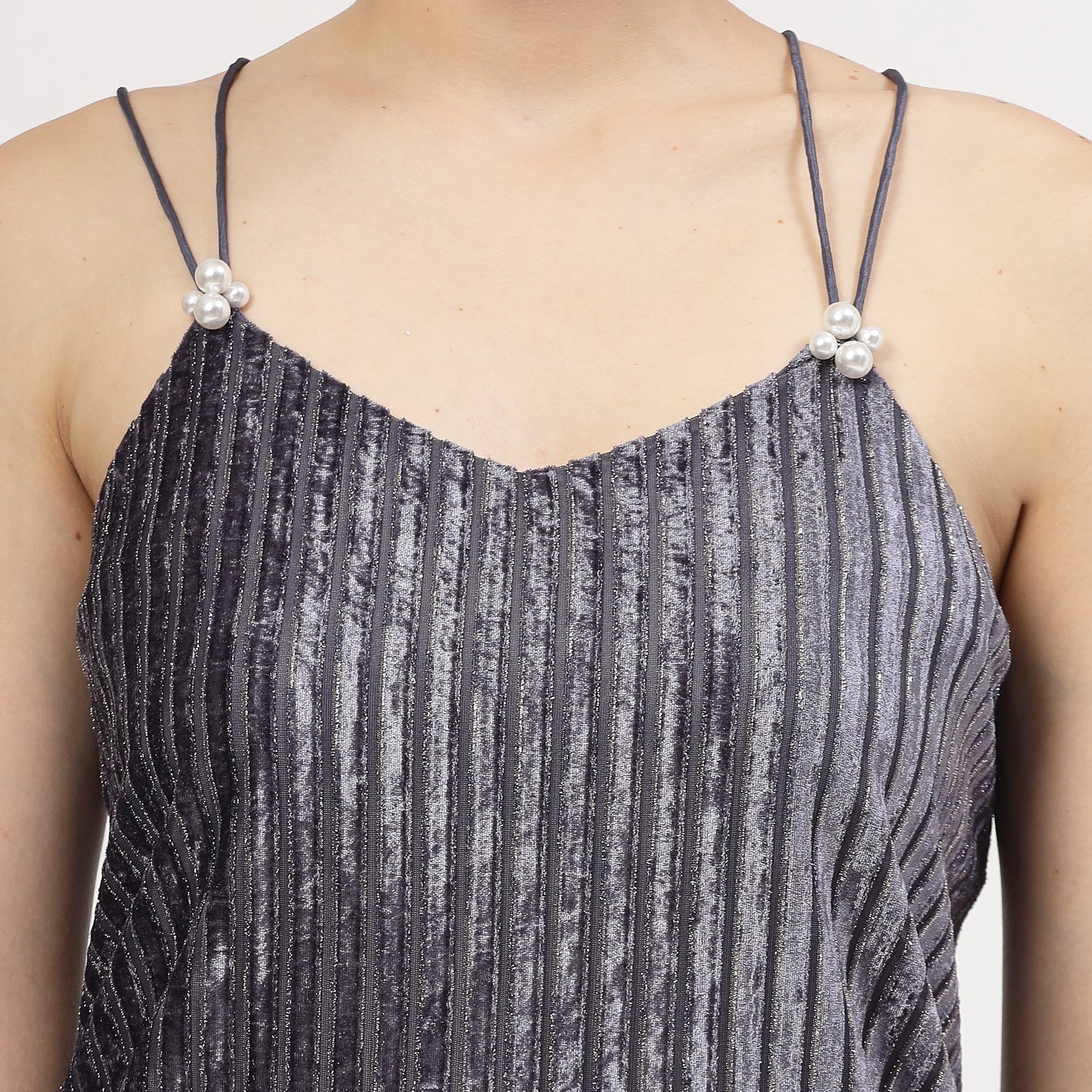 Grey Velvet Spaghetti Top With Strings And Pearl Beads