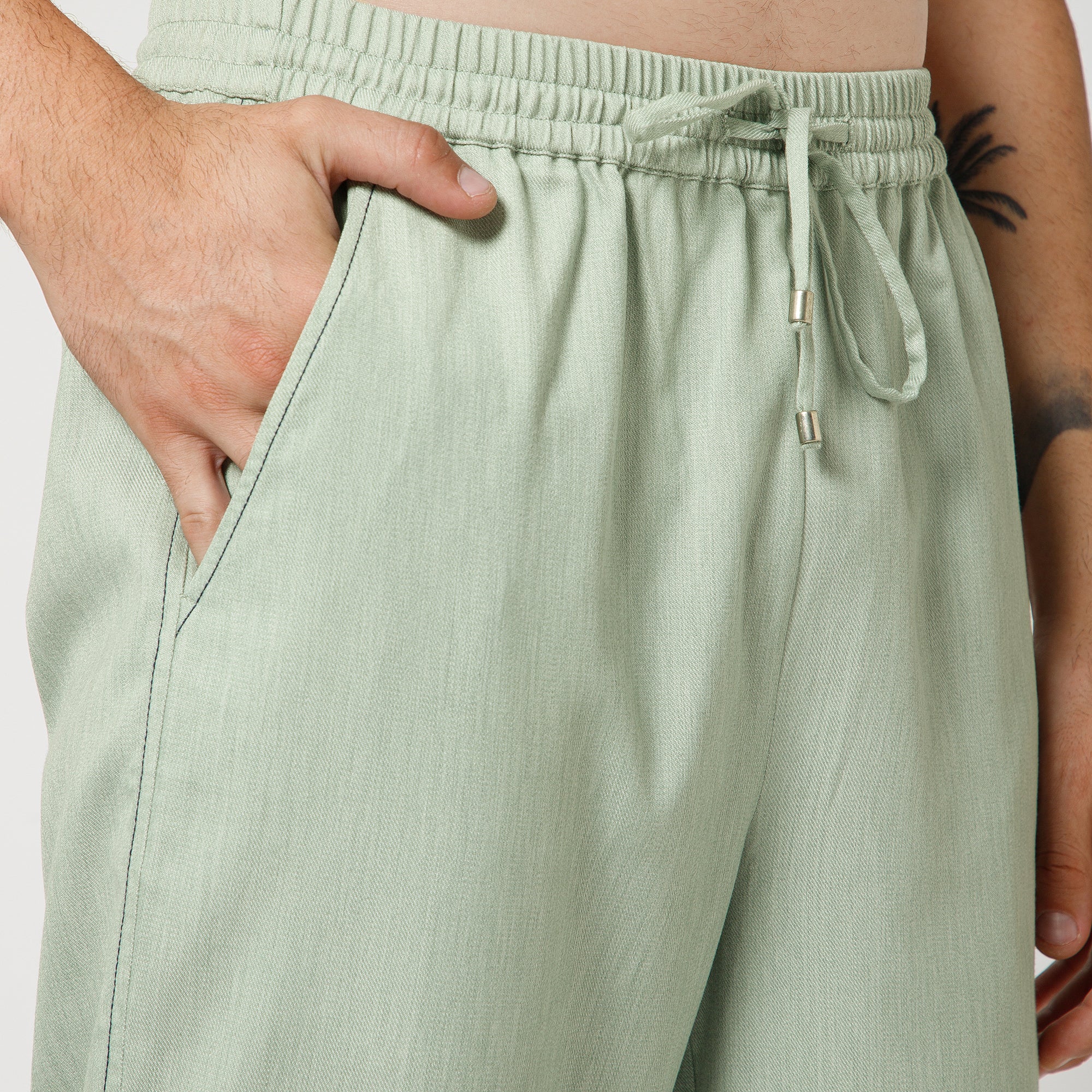 Green Denim Pant With Draw String And Blue Top Stitch