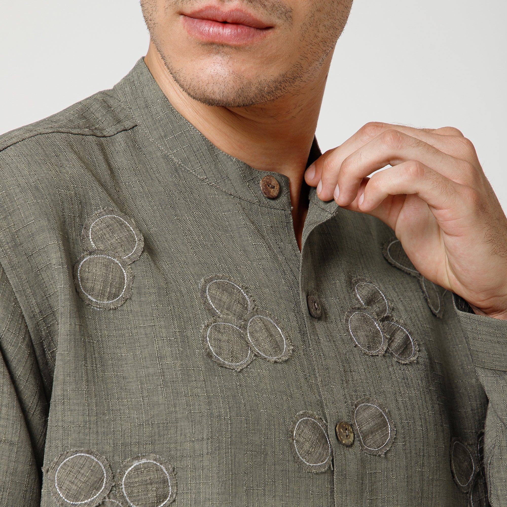 Brown Cotton Slub Linen Textured Shirt With Mandarin Collar And Patch Detailing