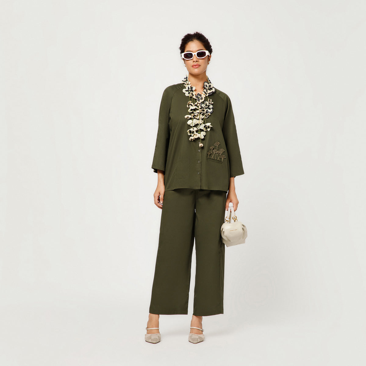 Olive Cotton Blend Top With Organza Flower Pocket Embroidery