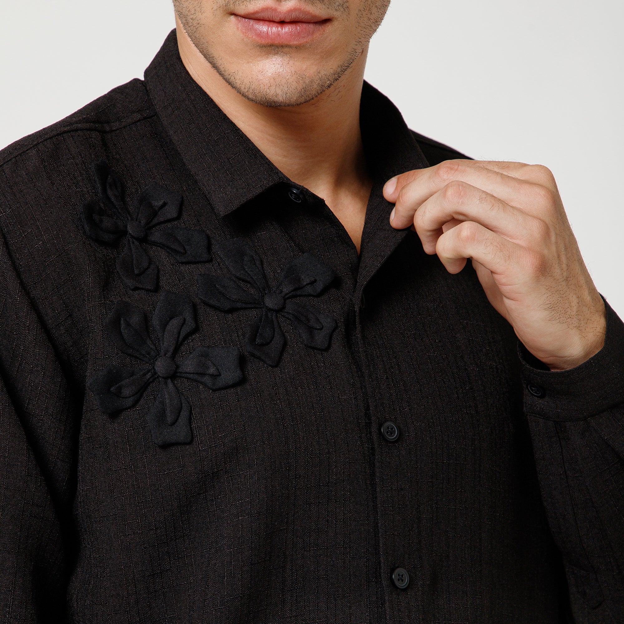 Black Cotton Slub Linen Textured Shirt With Flower Patches