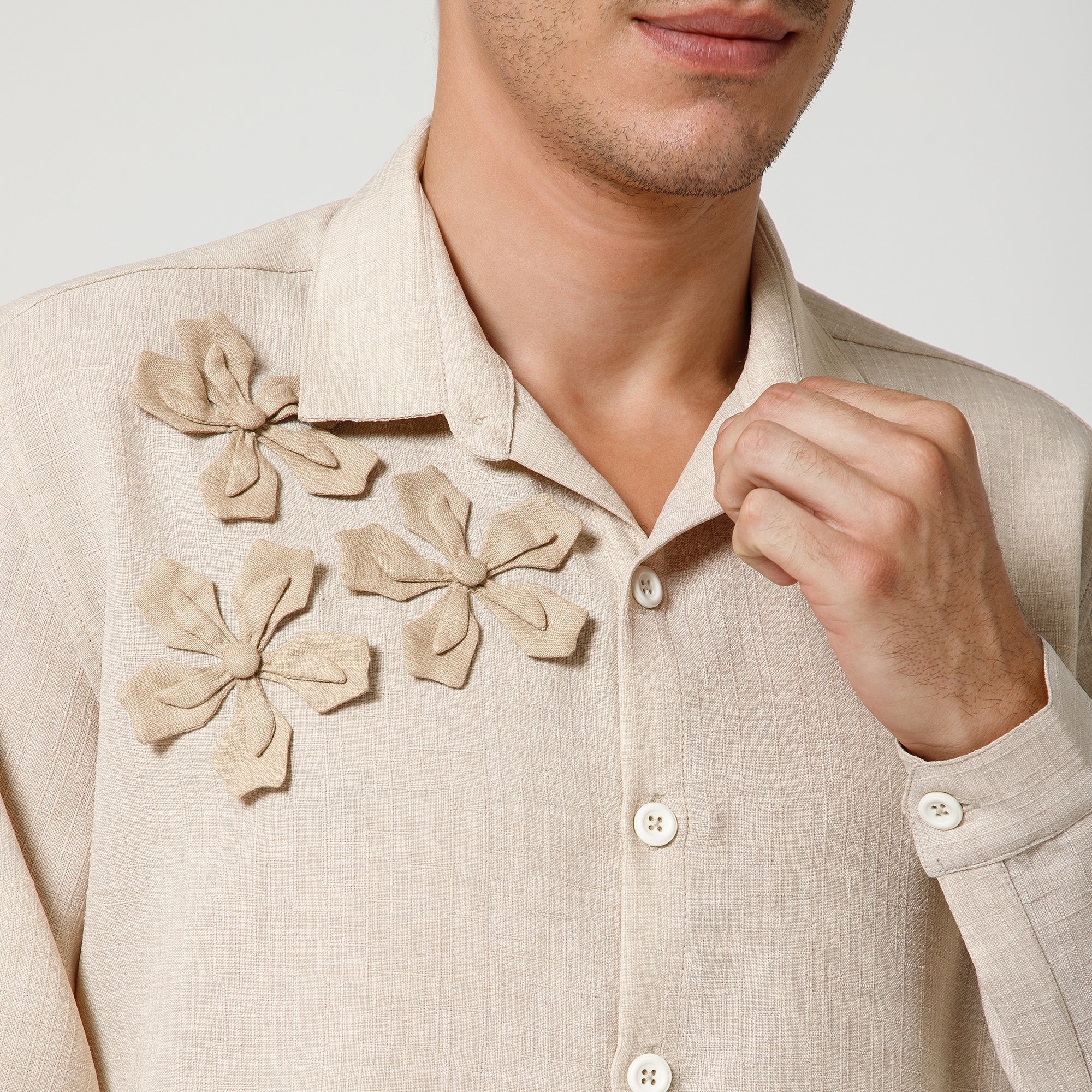 Off White Cotton Slub Linen Textured Shirt With Flower Patches