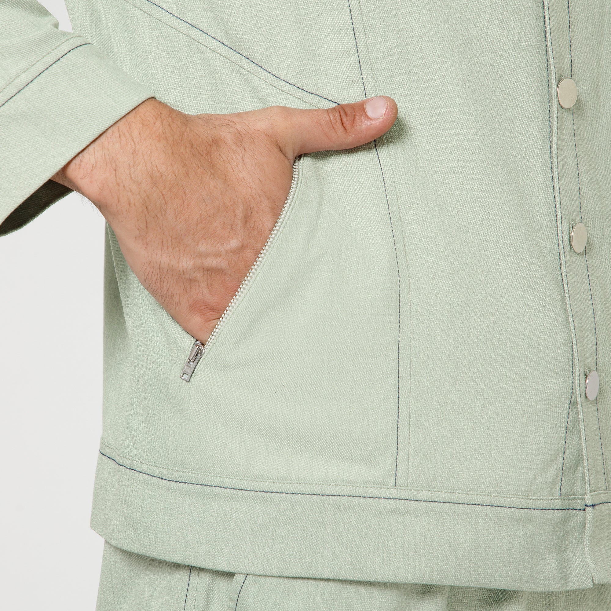 Green Denim Jacket With Silver Zip