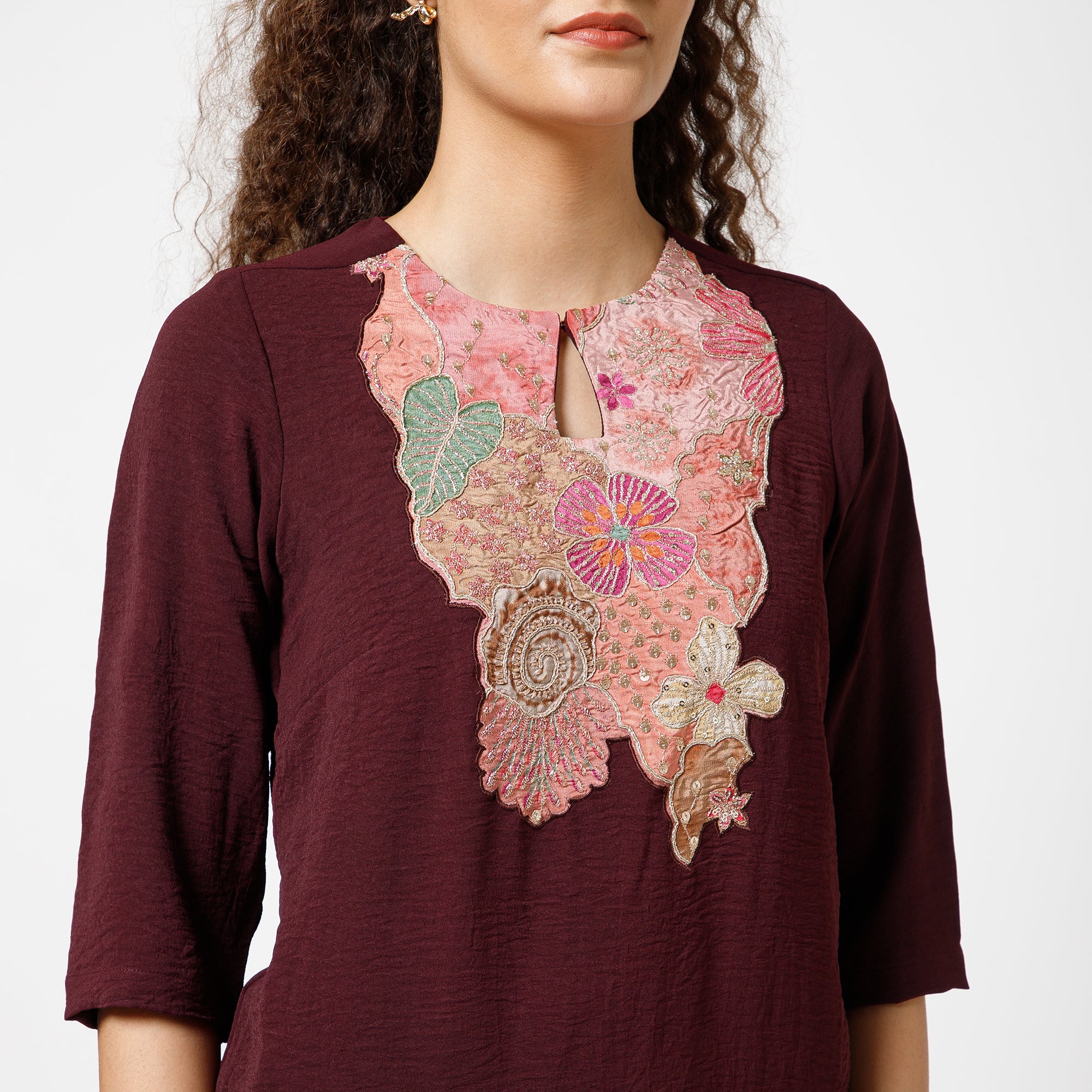 Prune Crepe Dress With Patch Embroidery