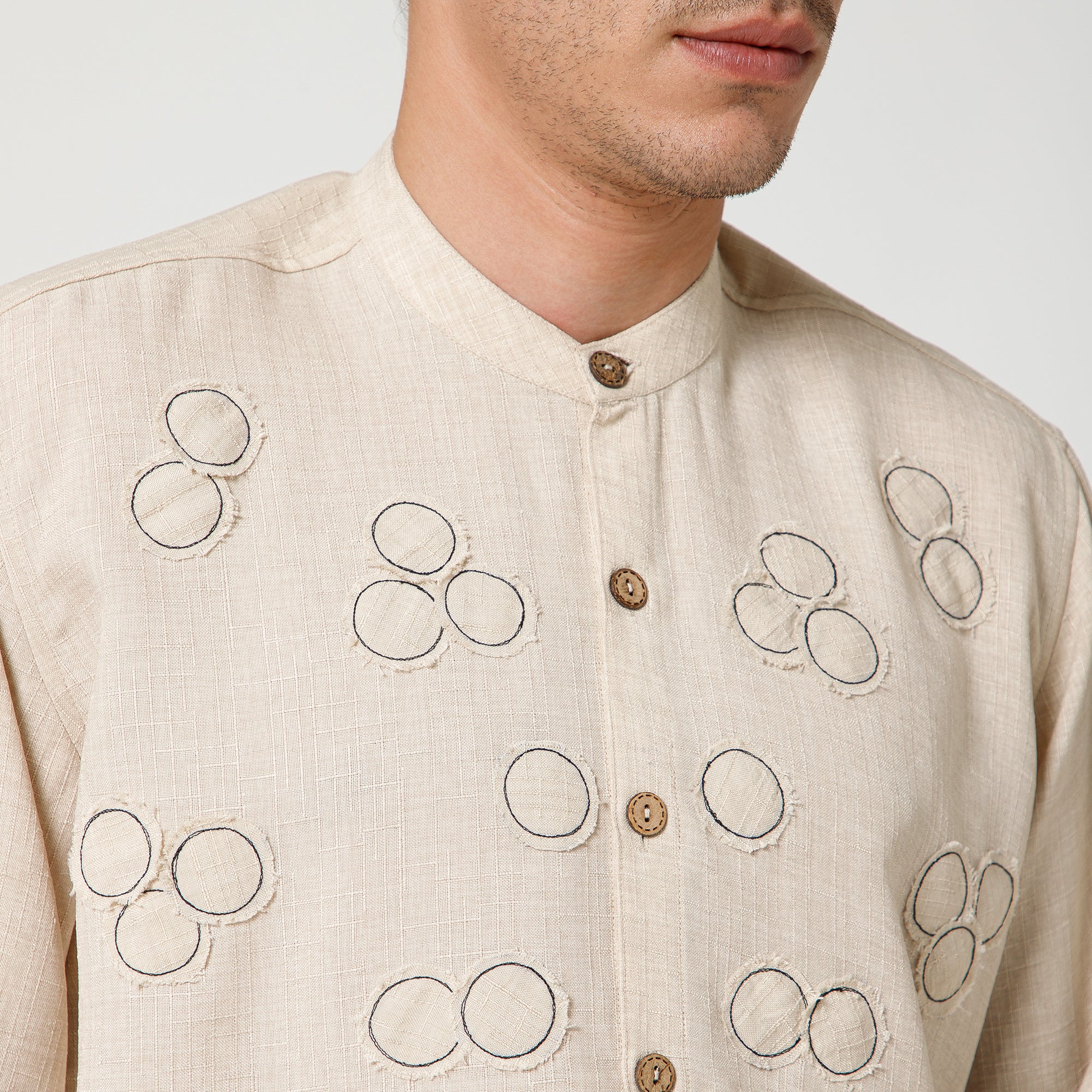 Off White Cotton Slub Linen Textured Shirt With Mandarin Collar And Patch Detailing