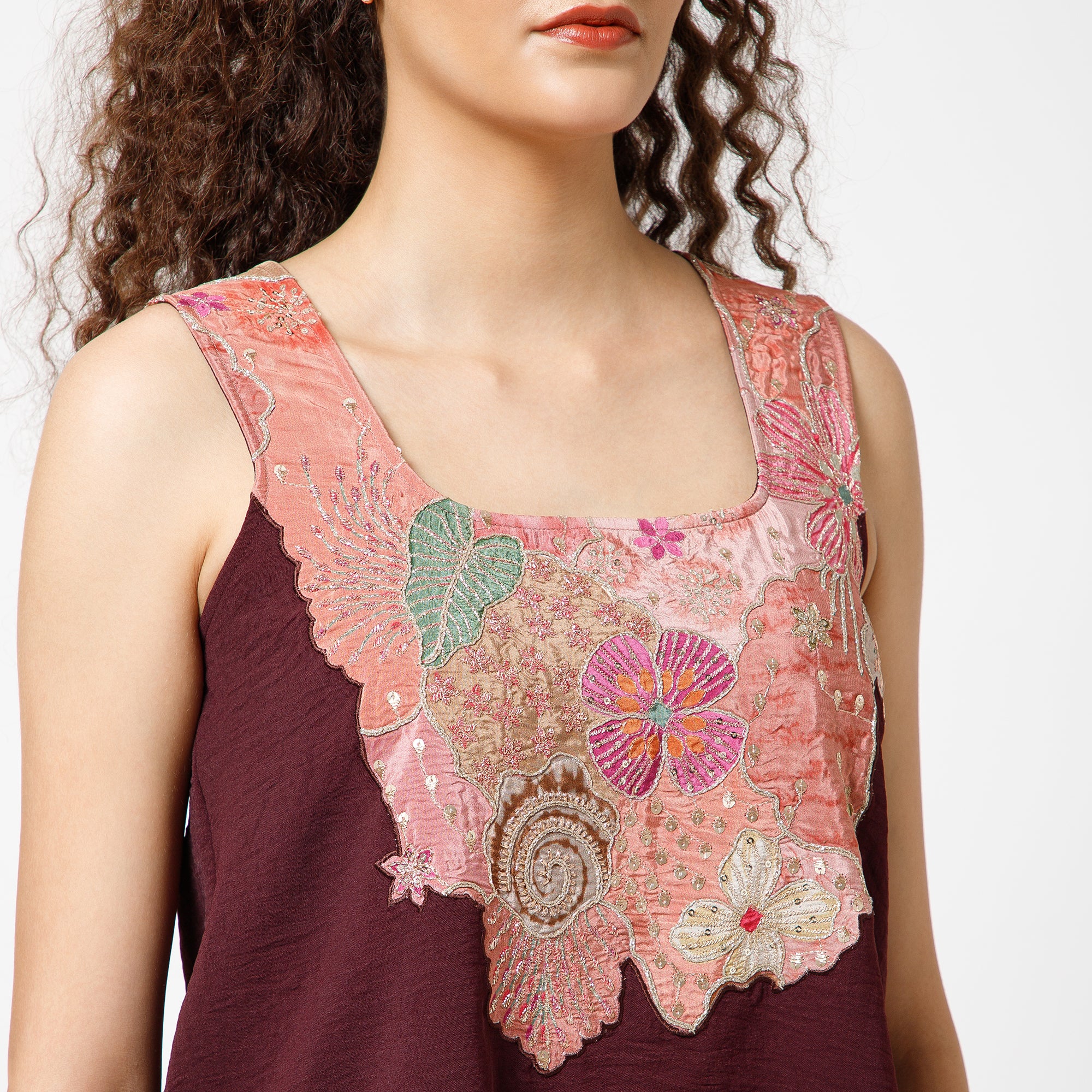 Green Crepe Top With Patch Embroidery