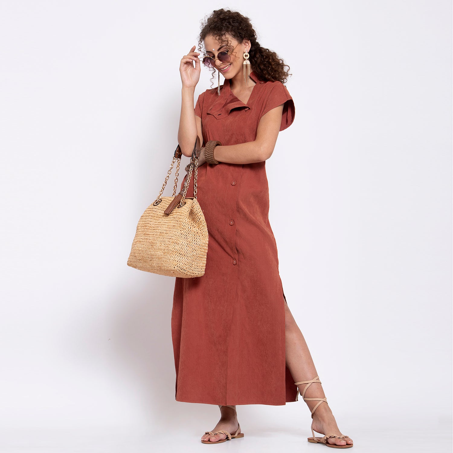 Deep Rust Long Dress With Buttons