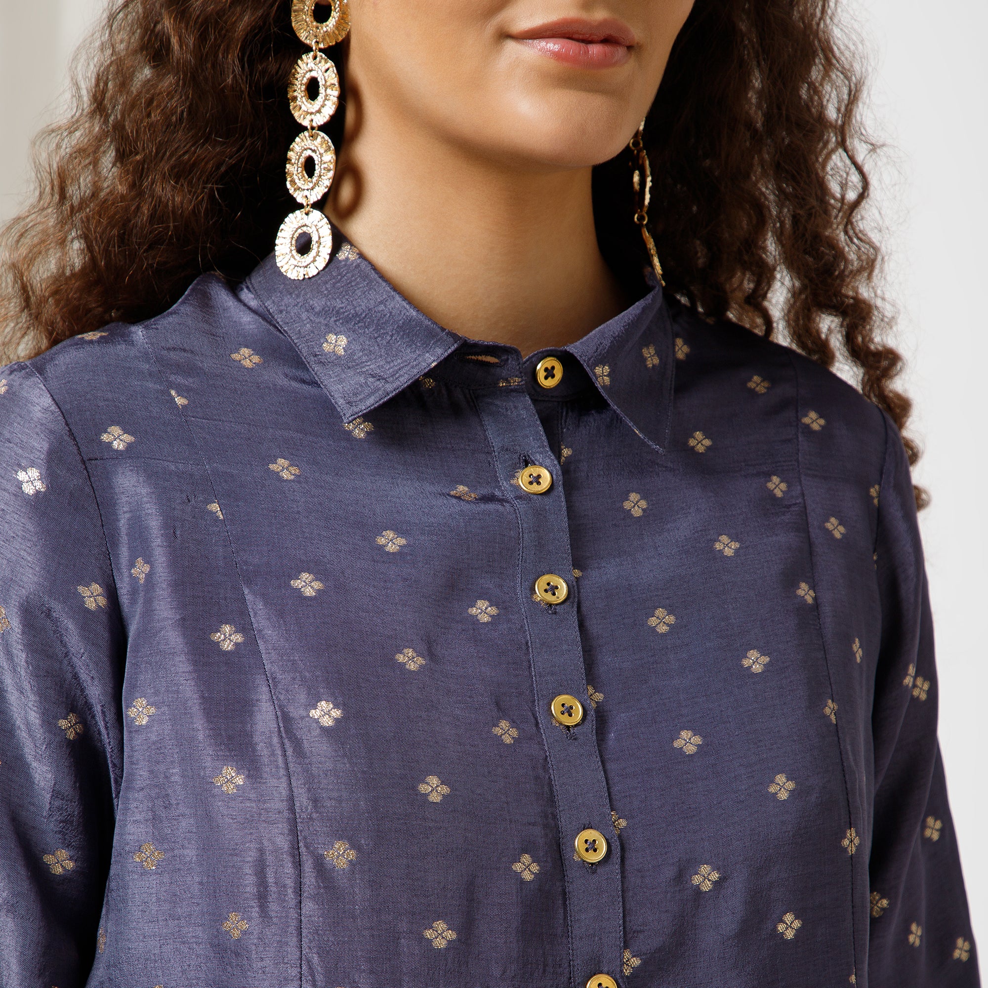 Blue Brocade Asymmetrical Peplum Top
