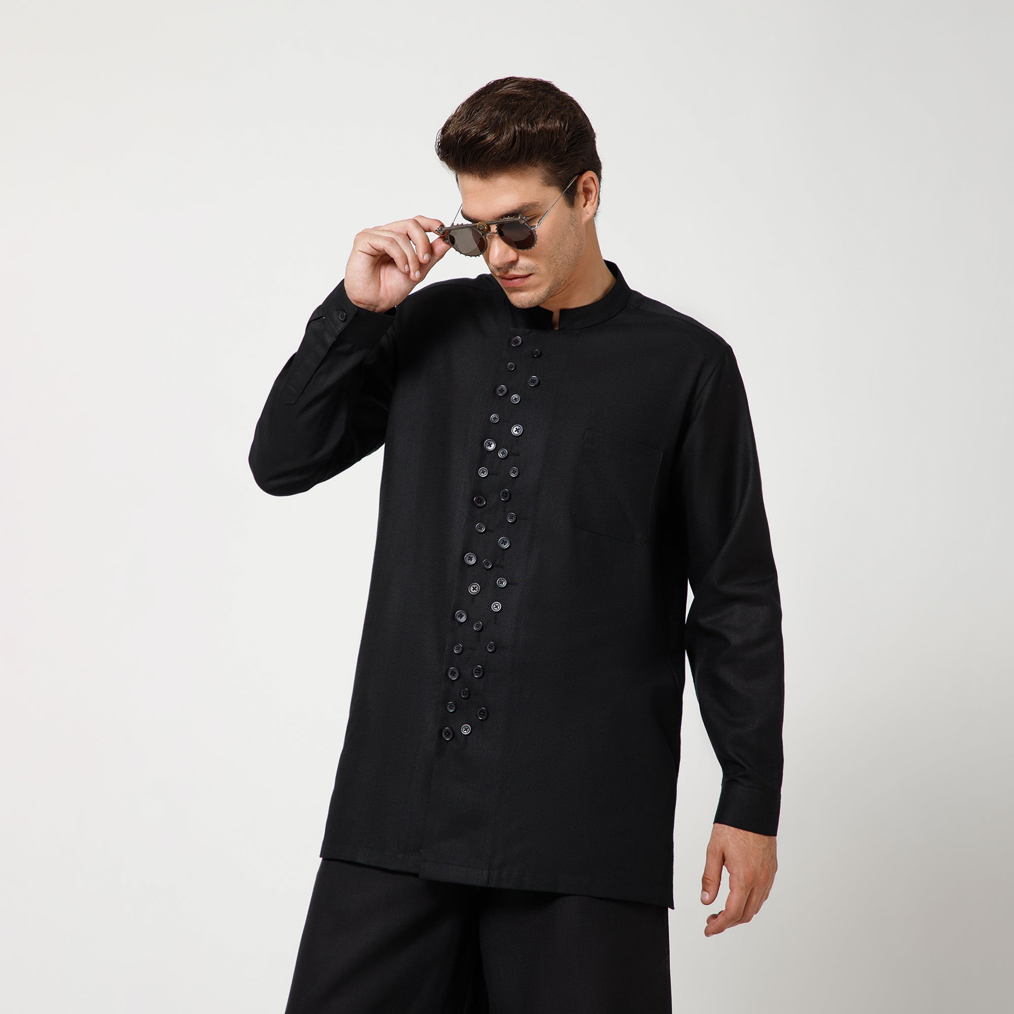 Black Cotton Jacket With Button Details