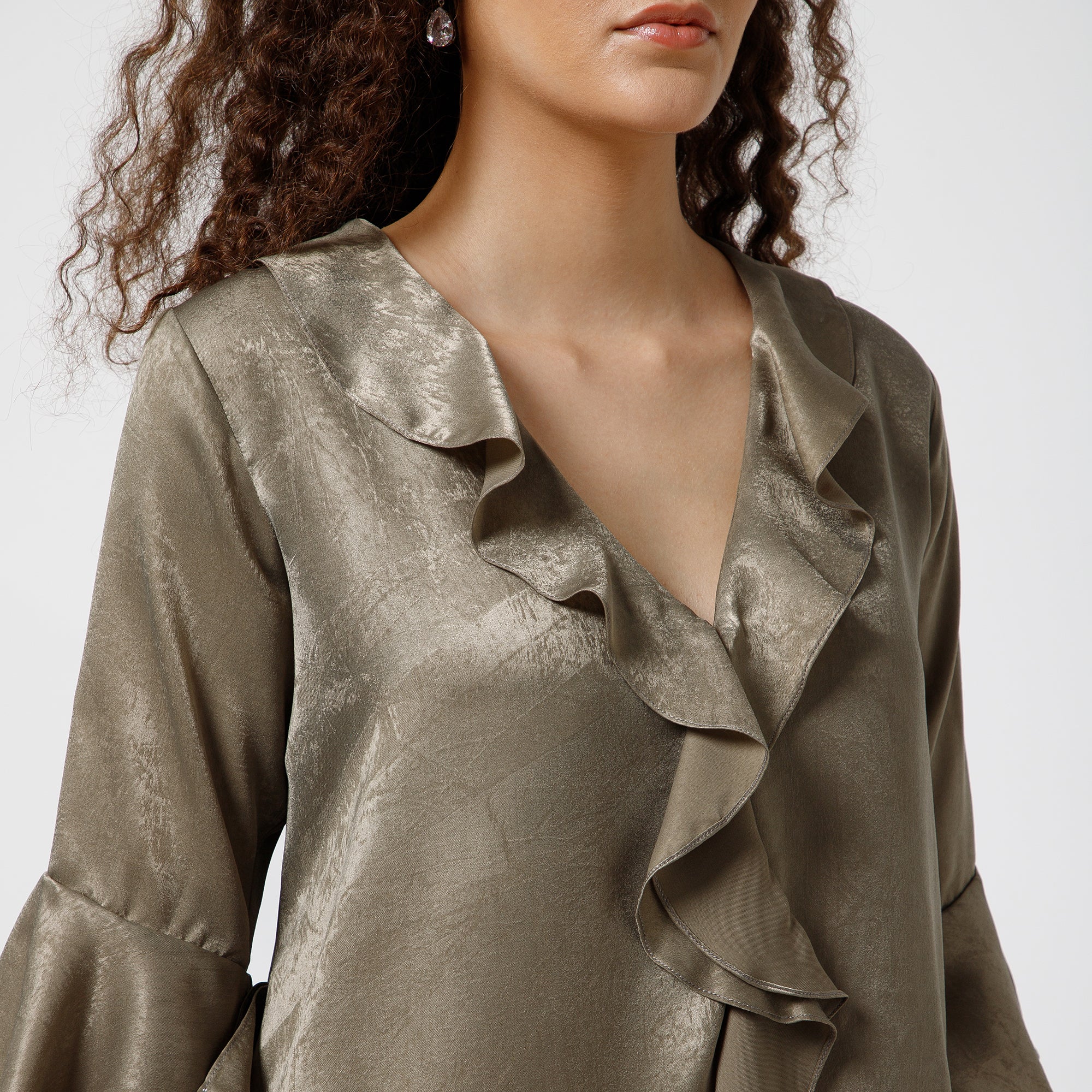 Olive Satin Asymetrical Frill Top