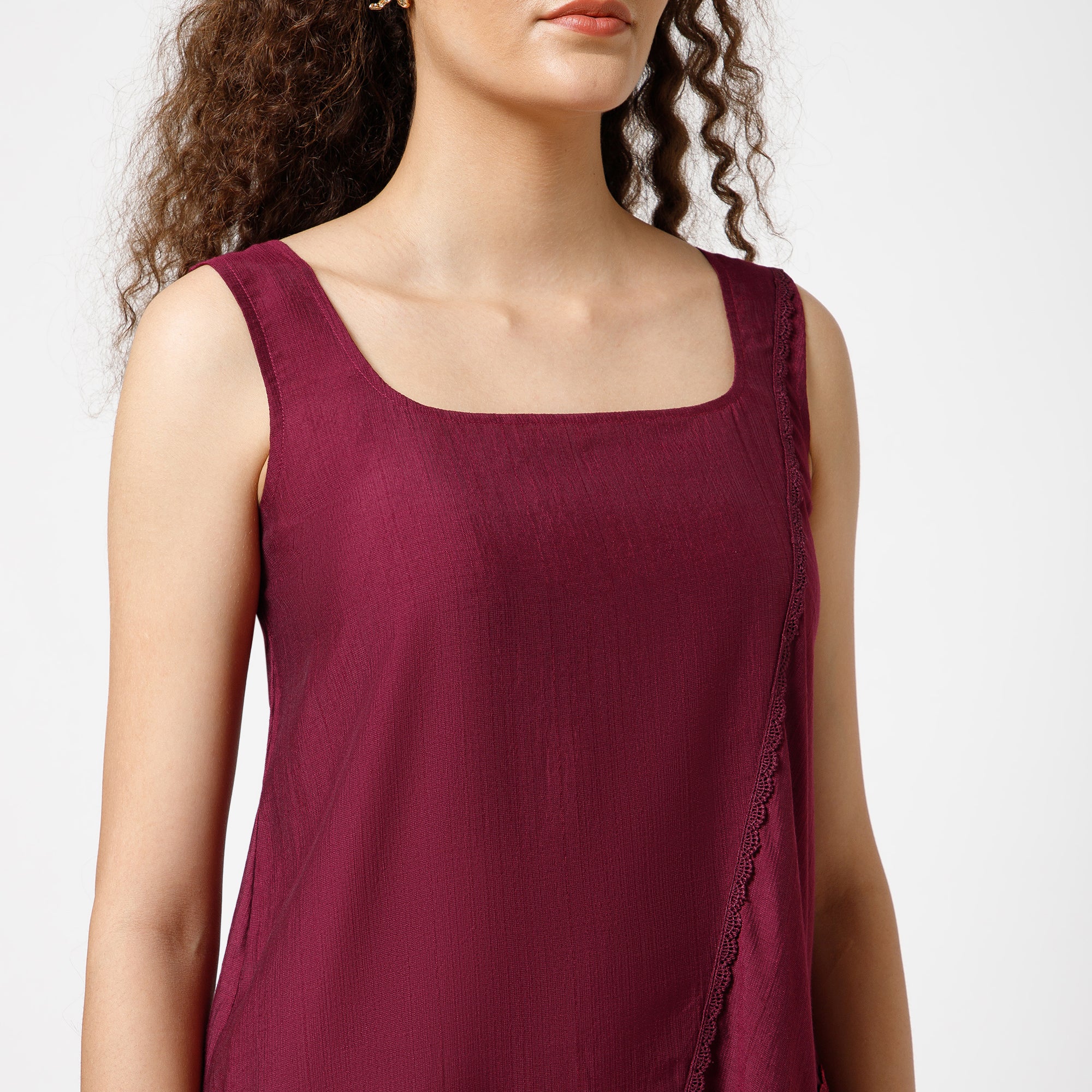 Prune Square Neck Dress With Lace