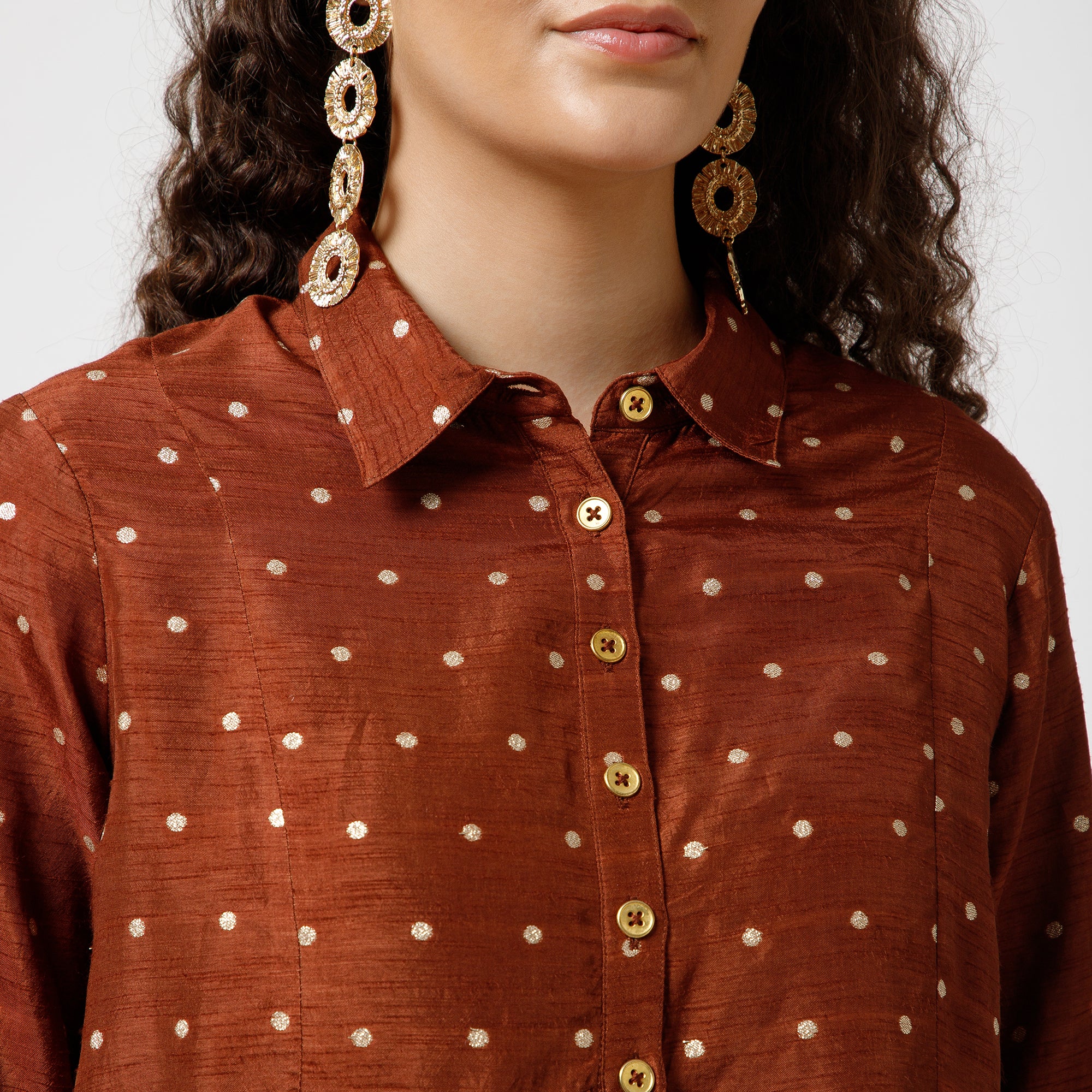 Brown Brocade Asymmetrical Peplum Top
