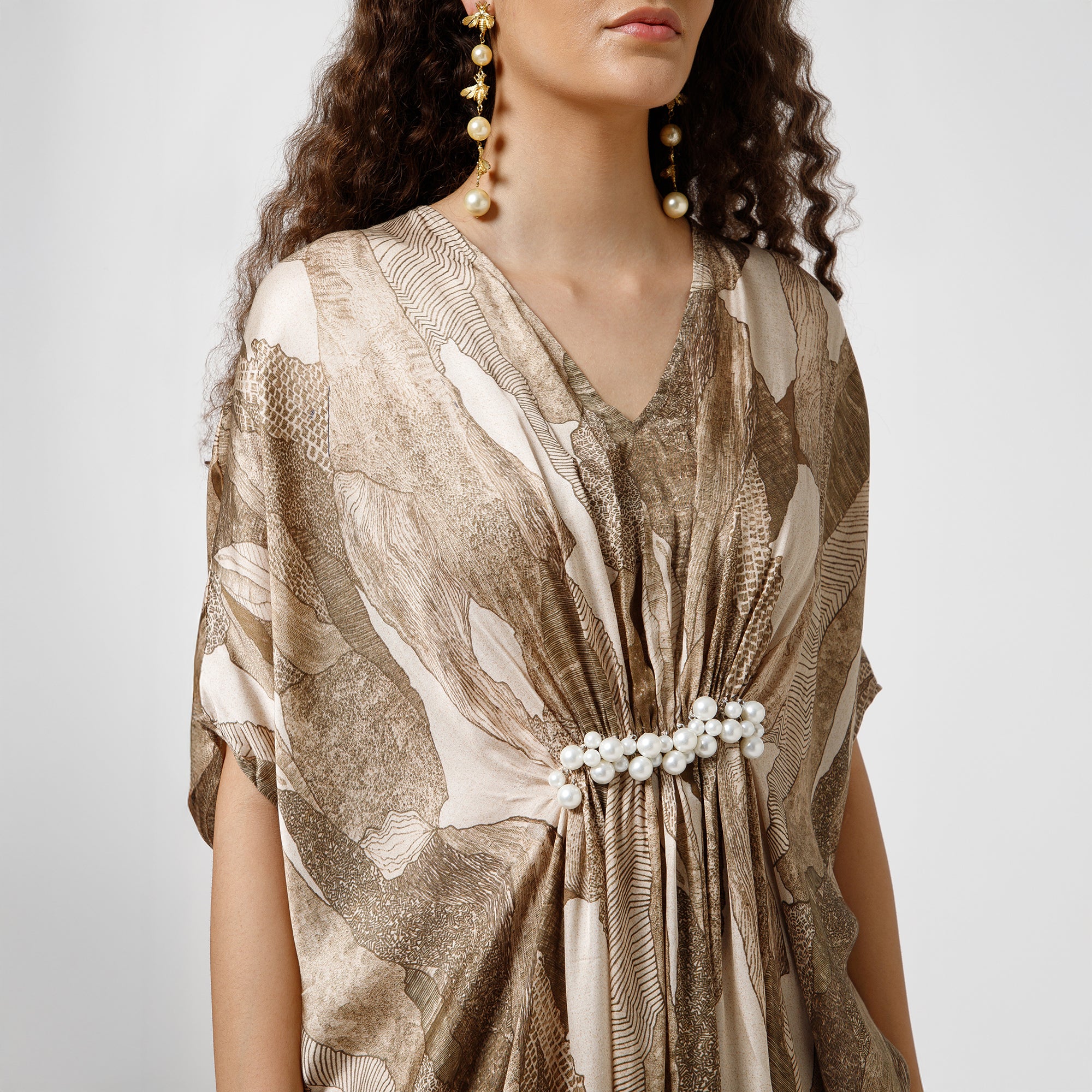 Olive Satin Kaftan With Pearls