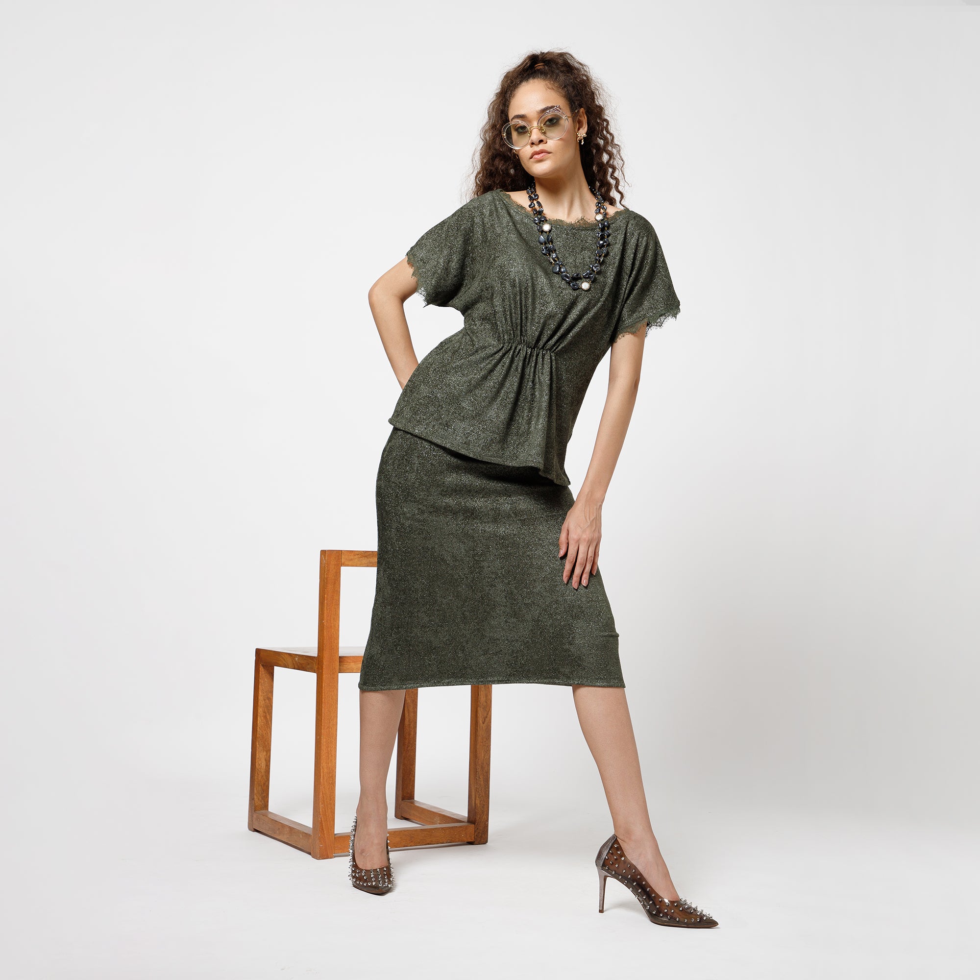 Green Velvet French Lace Top