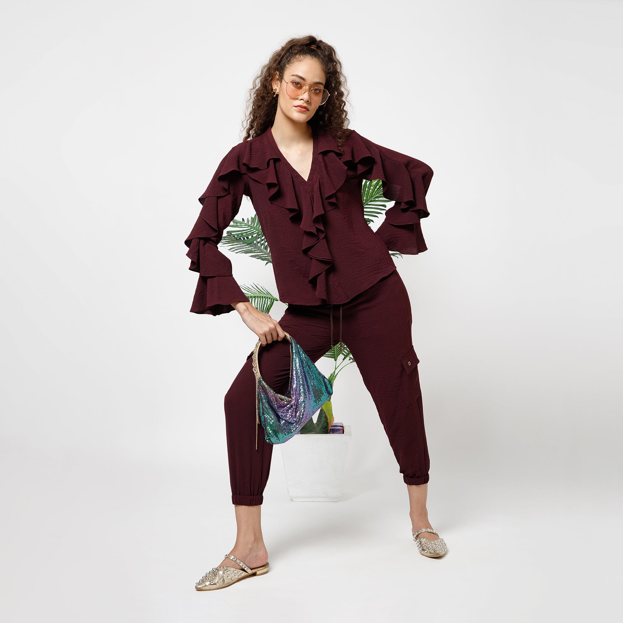 Prune Crepe Frill Top