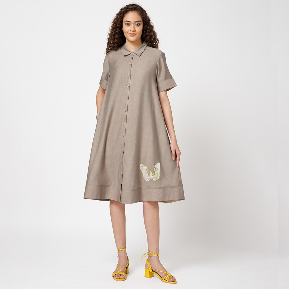 Beige Dress With Butterfly Embroidery