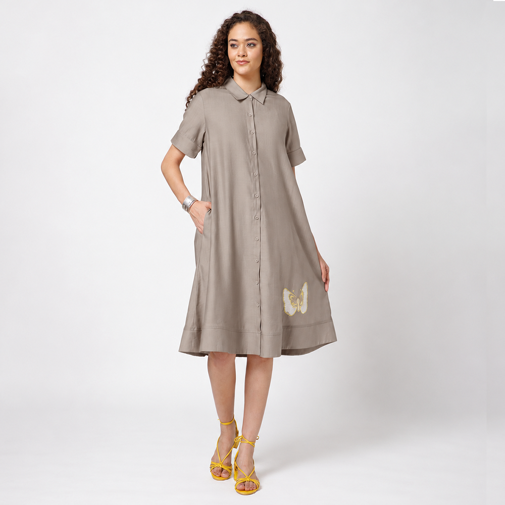 Beige Dress With Butterfly Embroidery