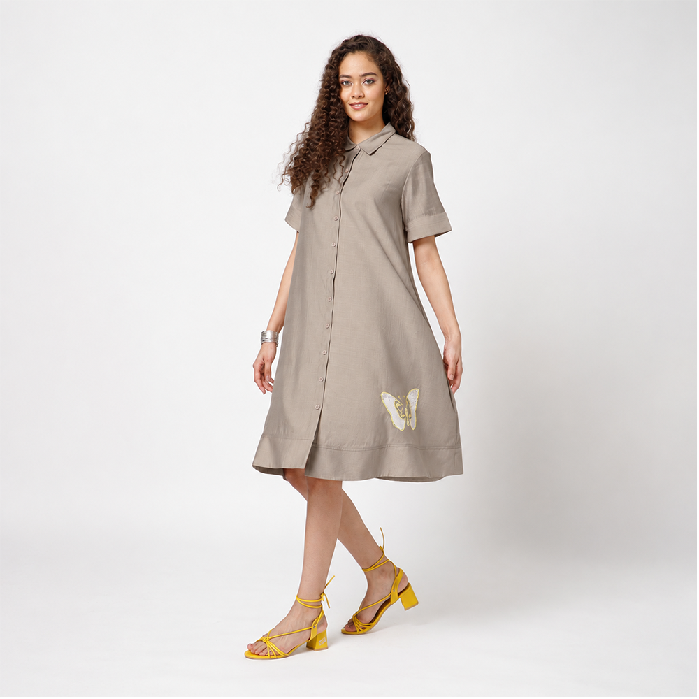 Beige Dress With Butterfly Embroidery