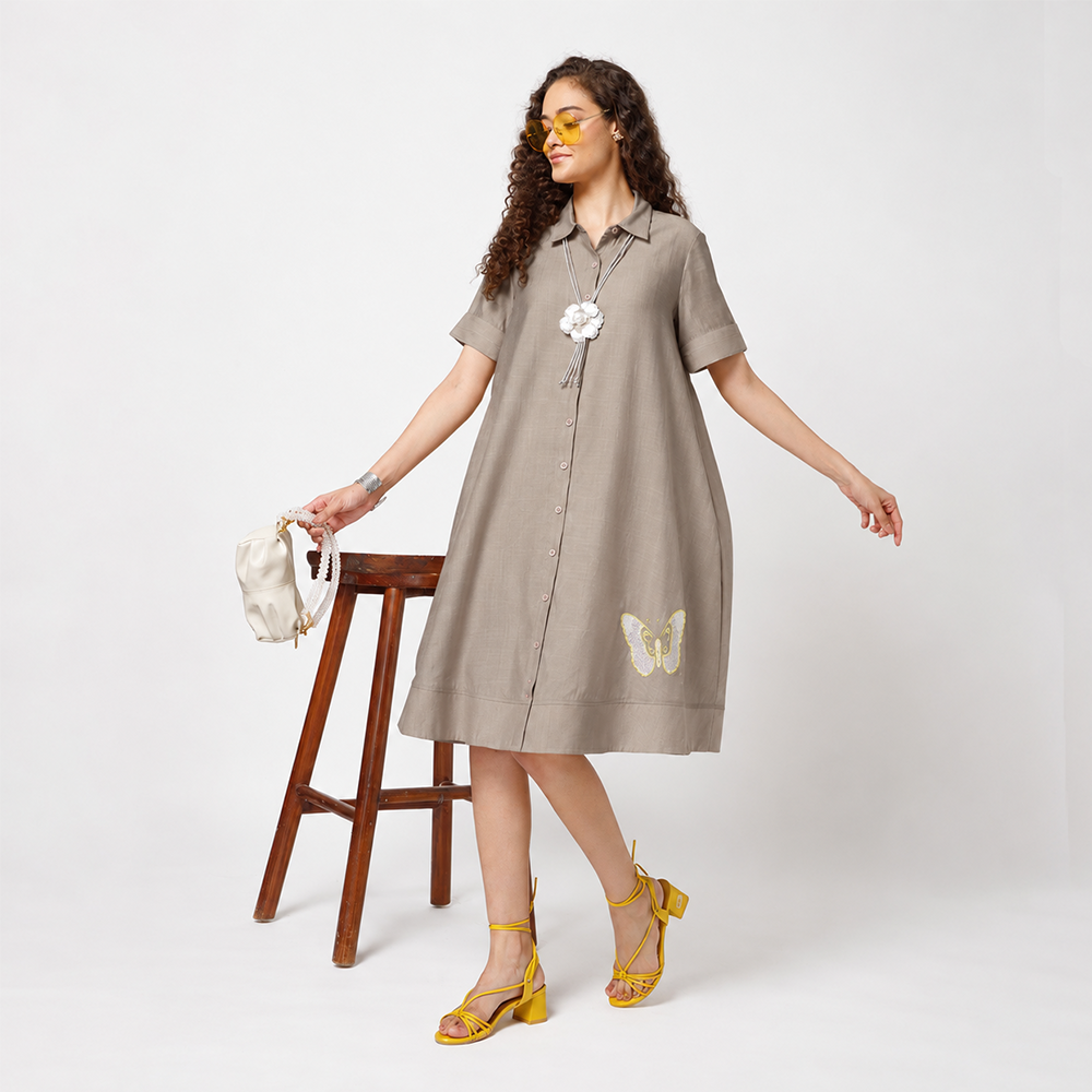 Beige Dress With Butterfly Embroidery