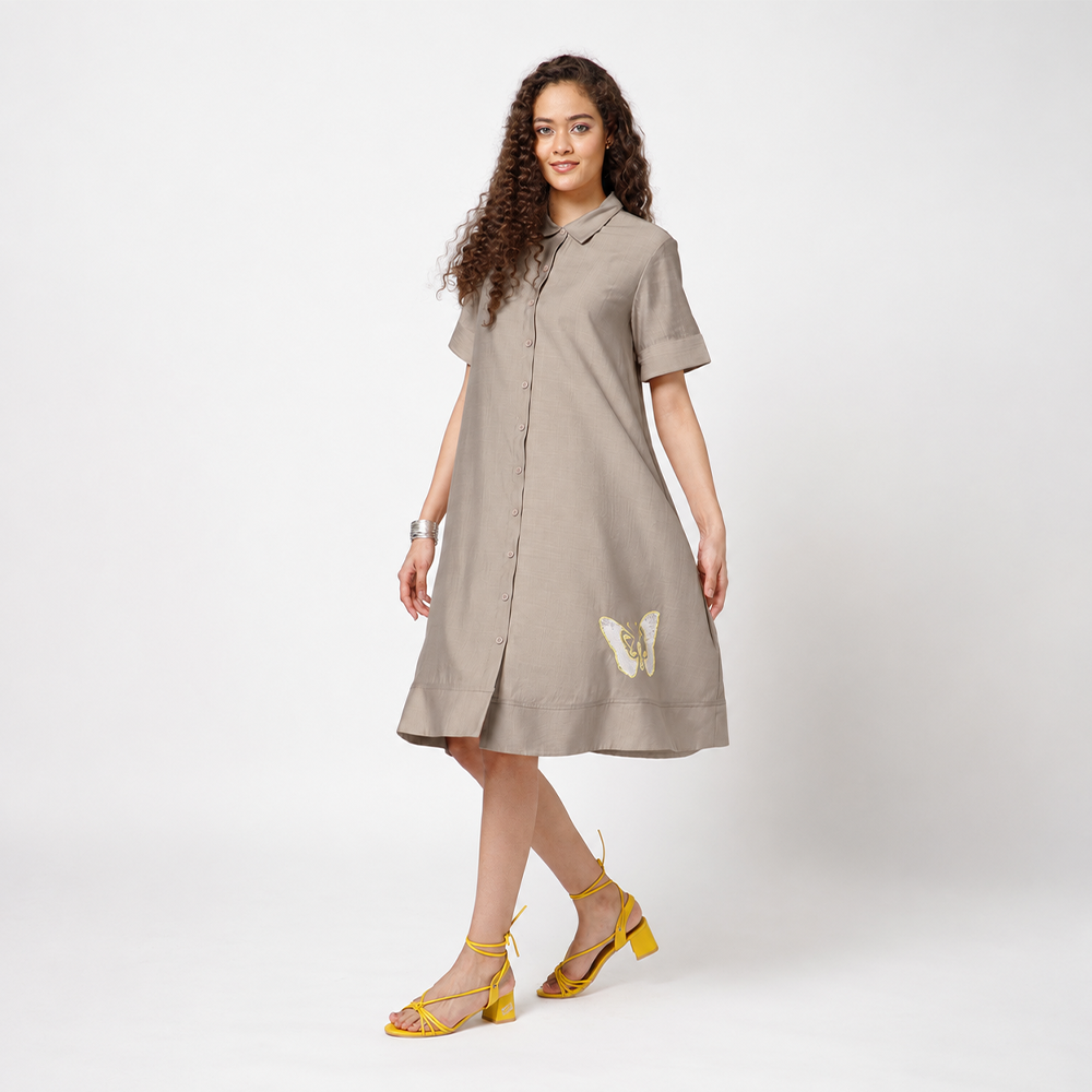 Beige Dress With Butterfly Embroidery