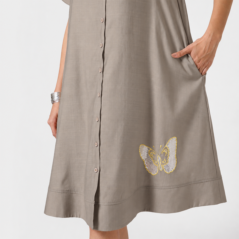 Beige Dress With Butterfly Embroidery